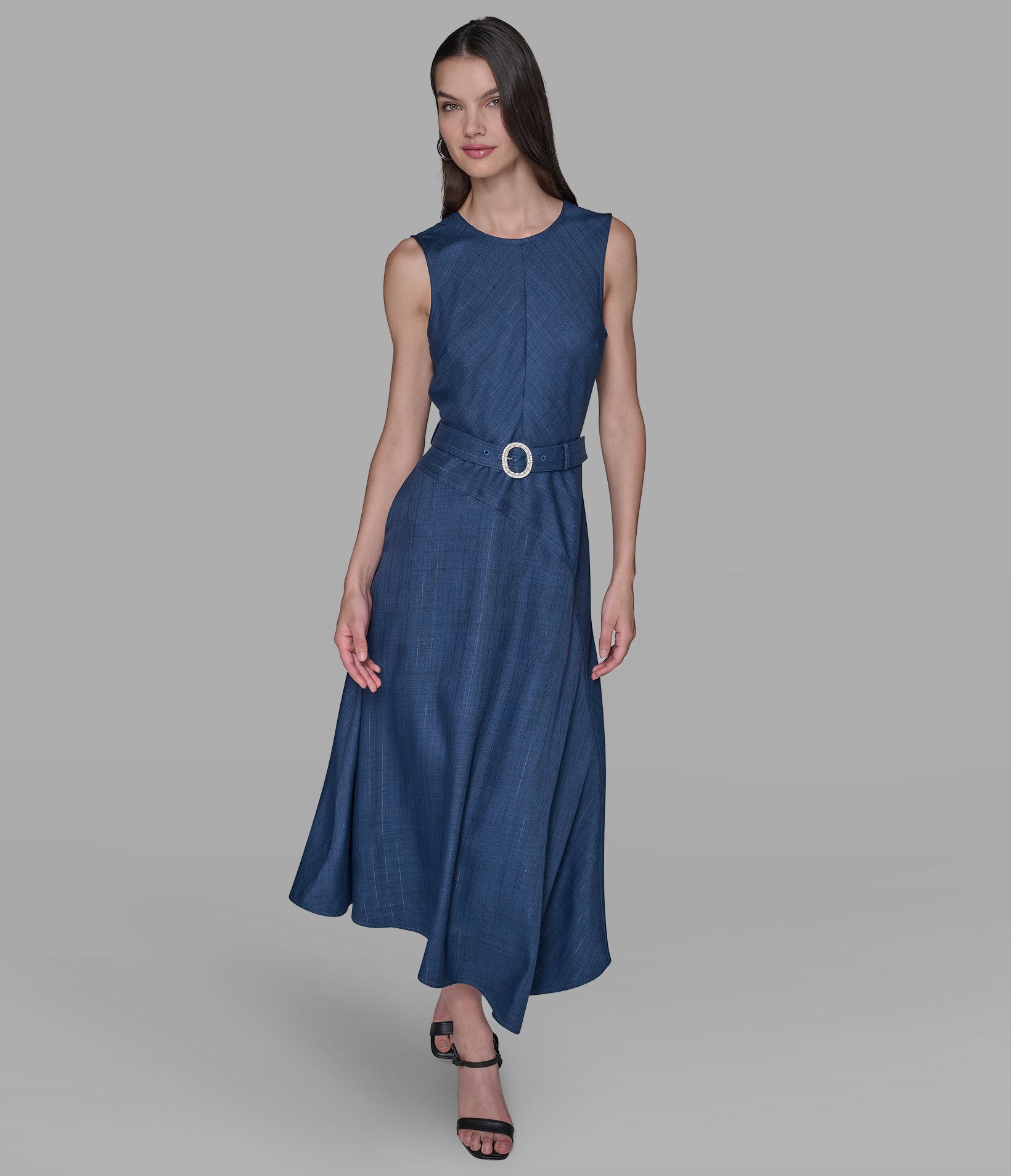 BELTED PINSTRIPE DENIM MIDI DRESS View 1 | Women's Clothing Sale