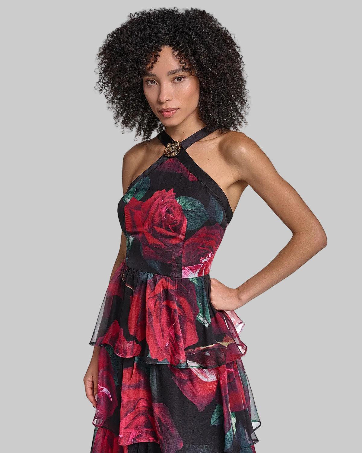 HALTER NECK TIERED PRINTED CHIFFON GOWN VIEW 5