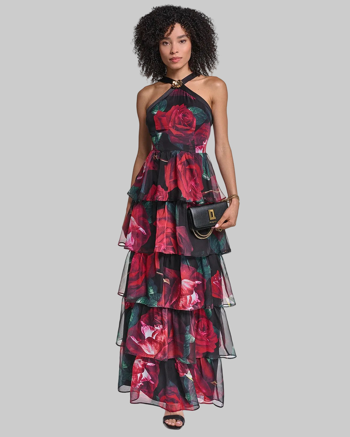 HALTER NECK TIERED PRINTED CHIFFON GOWN VIEW 1