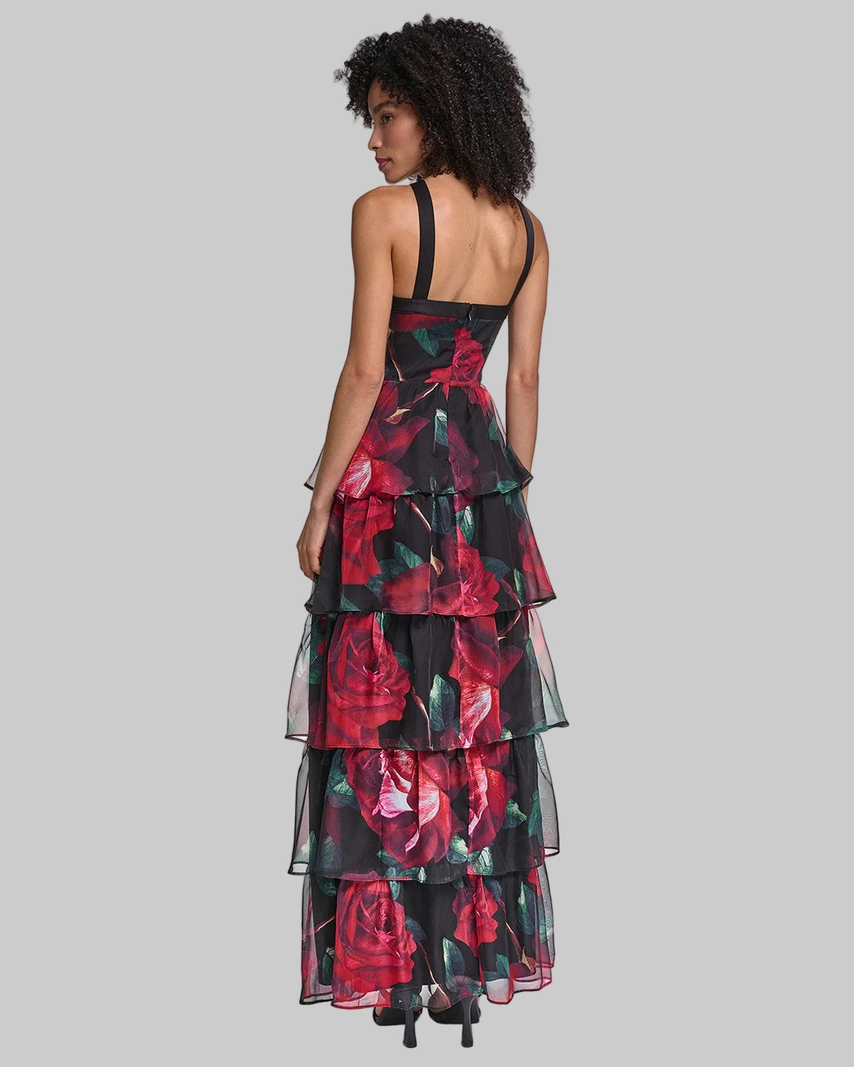 HALTER NECK TIERED PRINTED CHIFFON GOWN VIEW 2