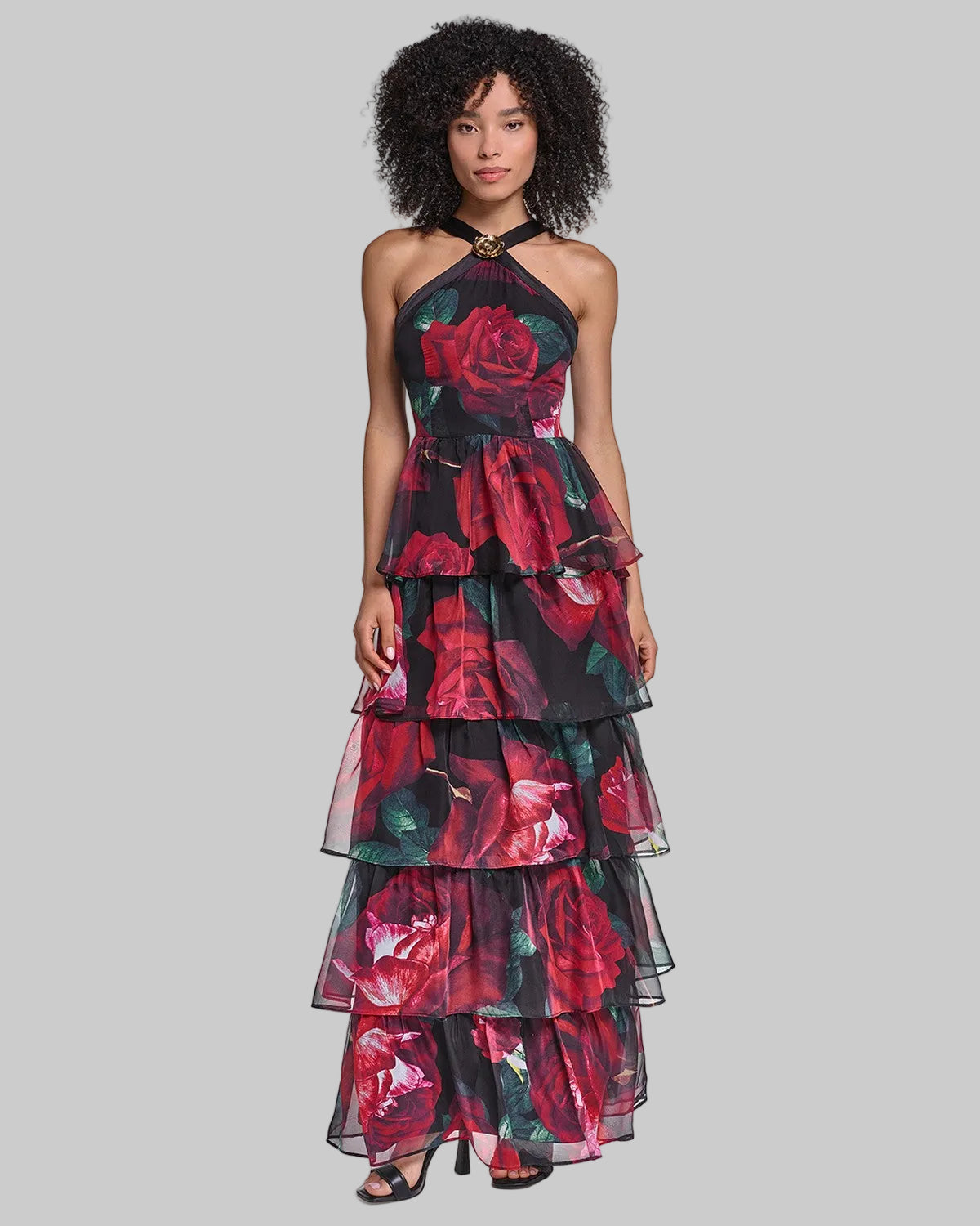 HALTER NECK TIERED PRINTED CHIFFON GOWN VIEW 4