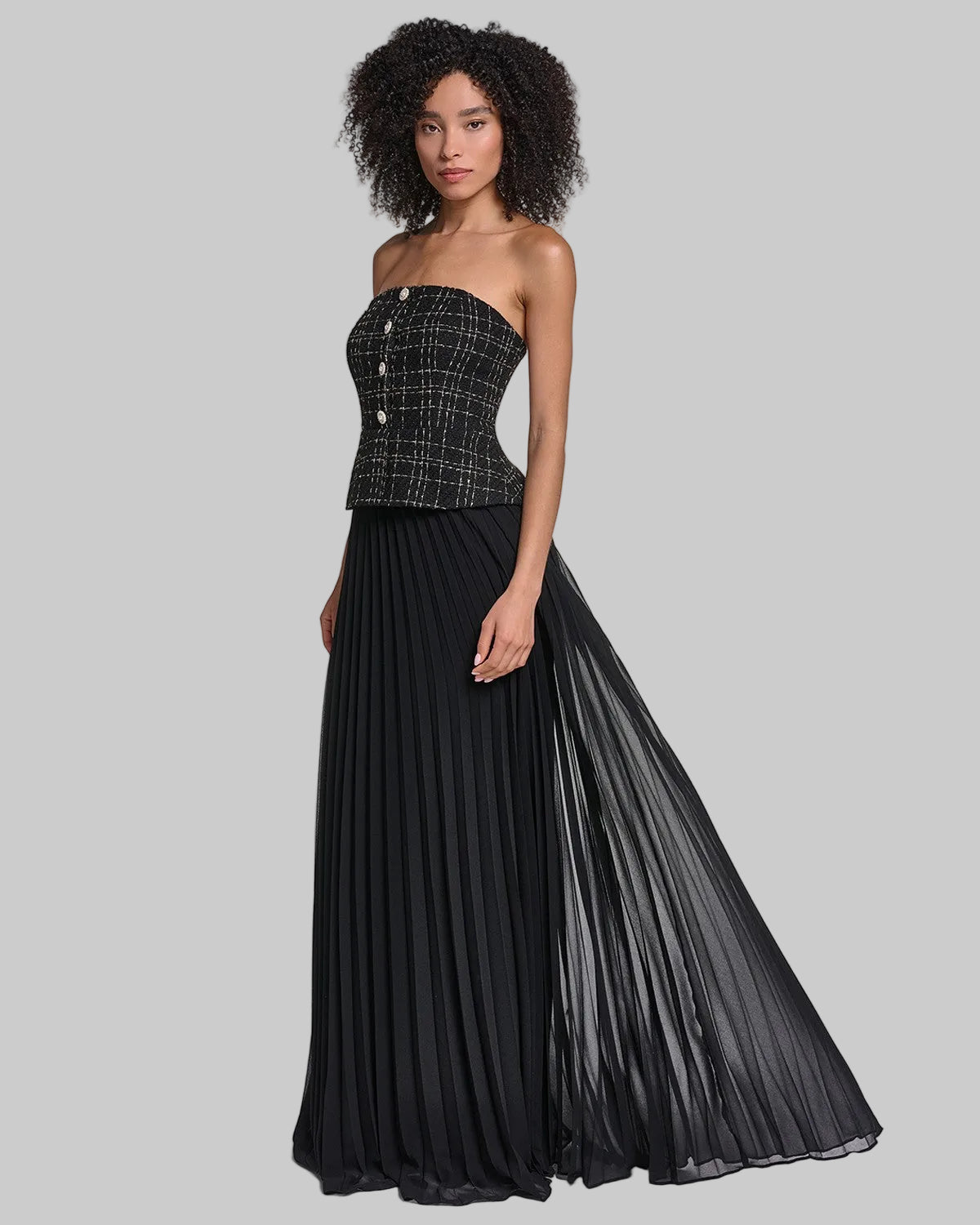 STRAPLESS TWEED GOWN WITH SUNBURST PLEATED CHIFFON View 1 | Online Exclusive