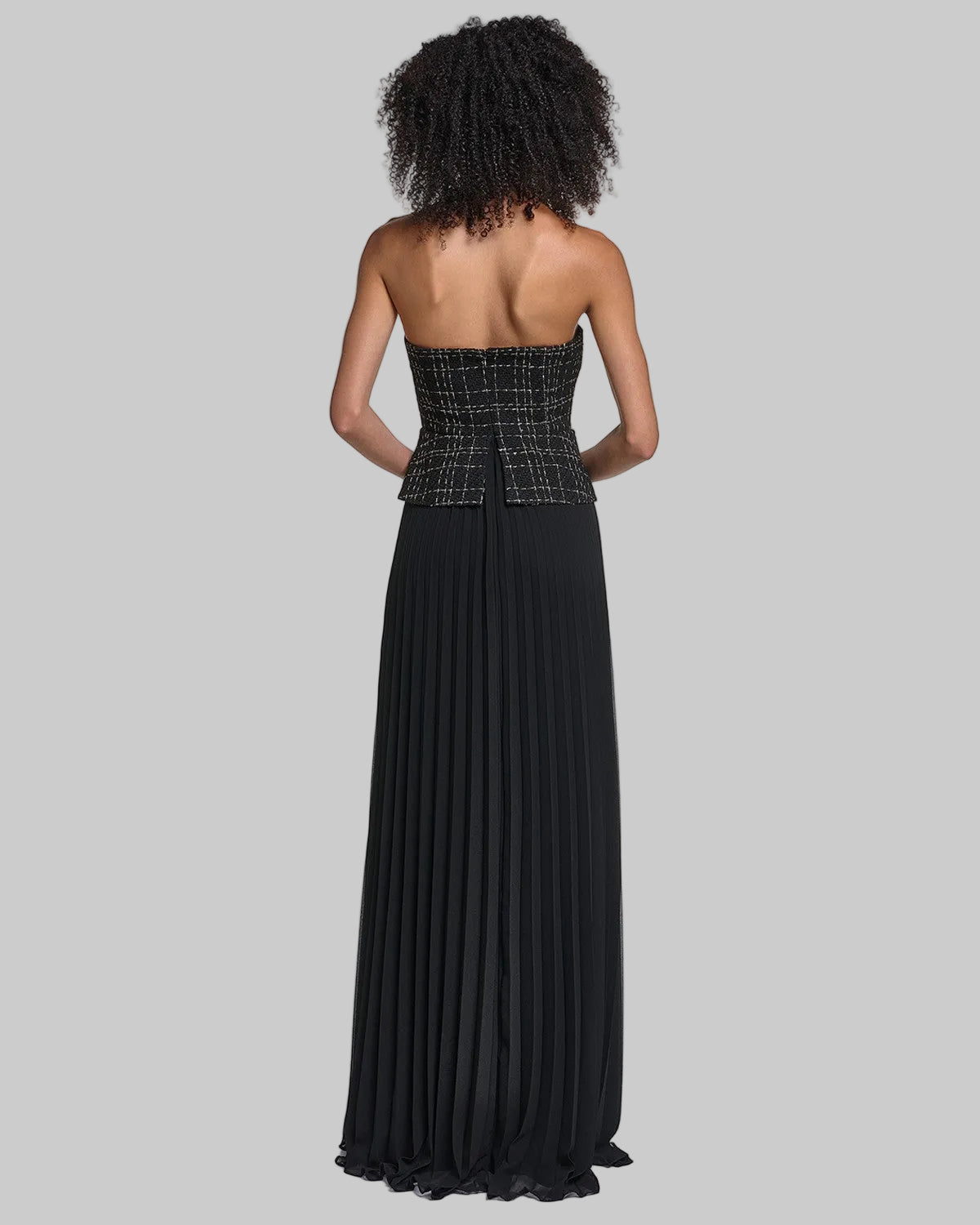 STRAPLESS TWEED GOWN WITH SUNBURST PLEATED CHIFFON View 2 | Online Exclusive