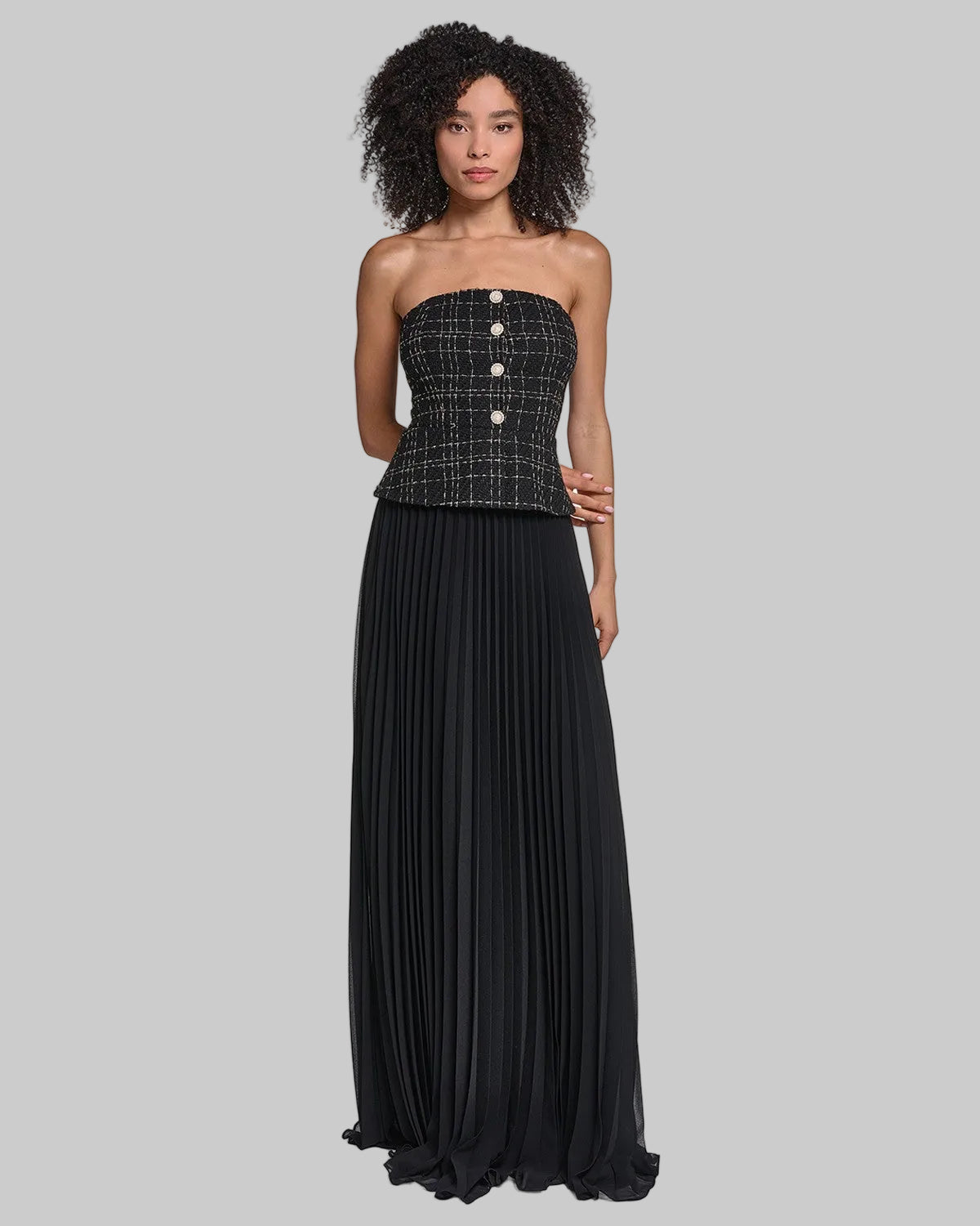 STRAPLESS TWEED GOWN WITH SUNBURST PLEATED CHIFFON VIEW 5 | Online Exclusive