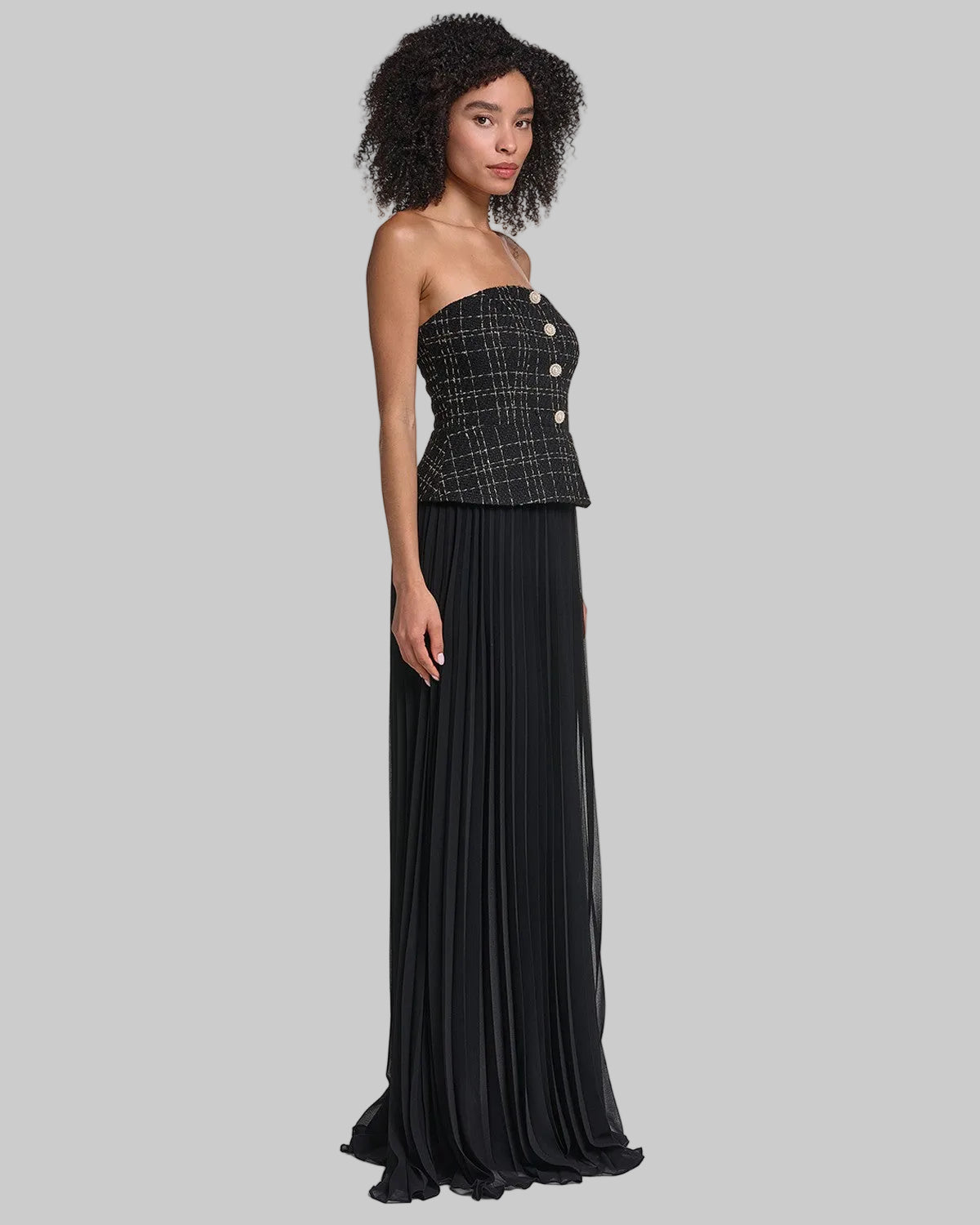 STRAPLESS TWEED GOWN WITH SUNBURST PLEATED CHIFFON VIEW 3 | Online Exclusive