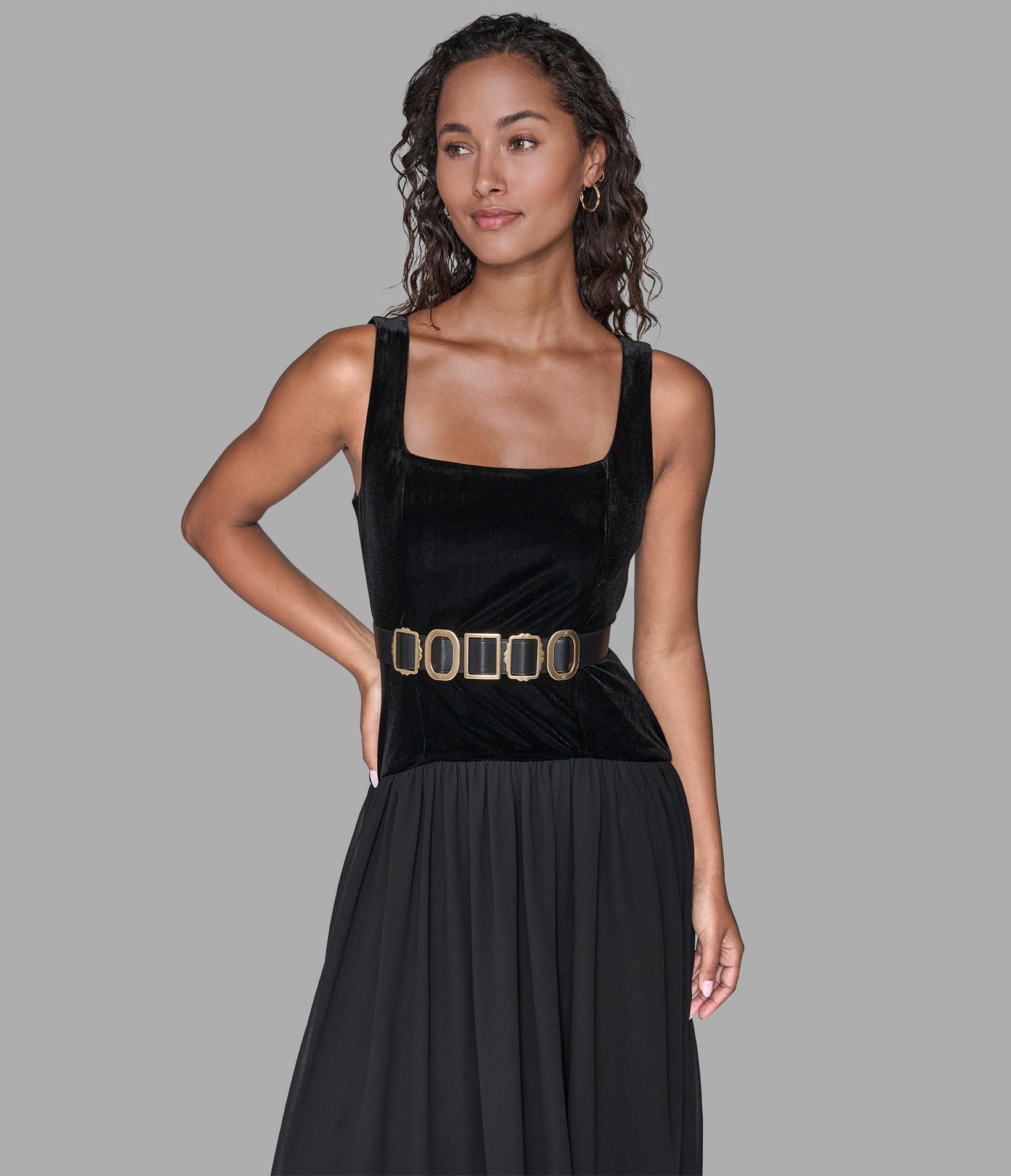 VELVET AND CHIFFON BELTED MIDI DRESS VIEW 4 | Women's Sale