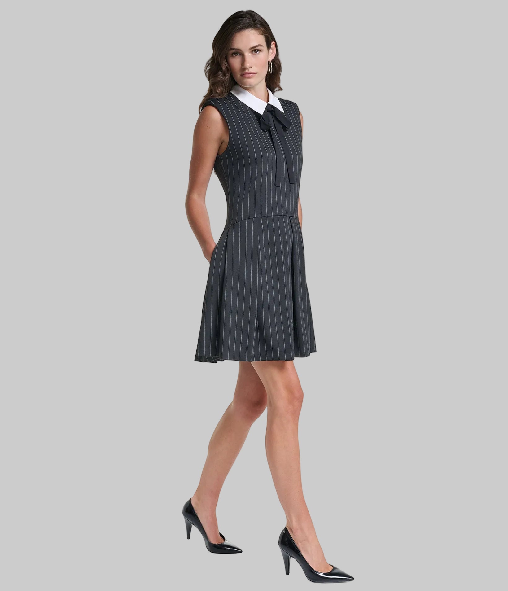 PINSTRIPE DRESS WITH CONTRAST COLLAR VIEW 3