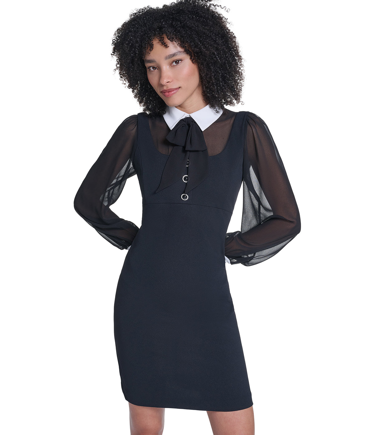 SHEER SLEEVE CONTRAST COLLAR SHEATH VIEW 1