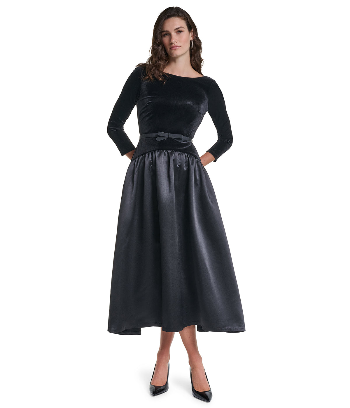 DROPWAIST SATIN STRETCH VELVET MIDI DRESS VIEW 1