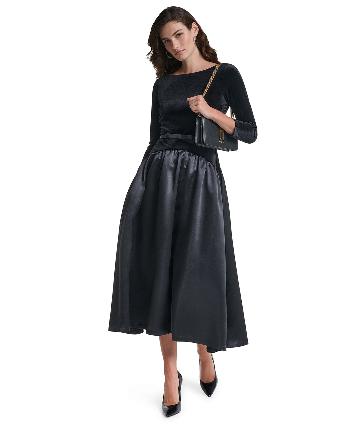DROPWAIST SATIN STRETCH VELVET MIDI DRESS VIEW 4