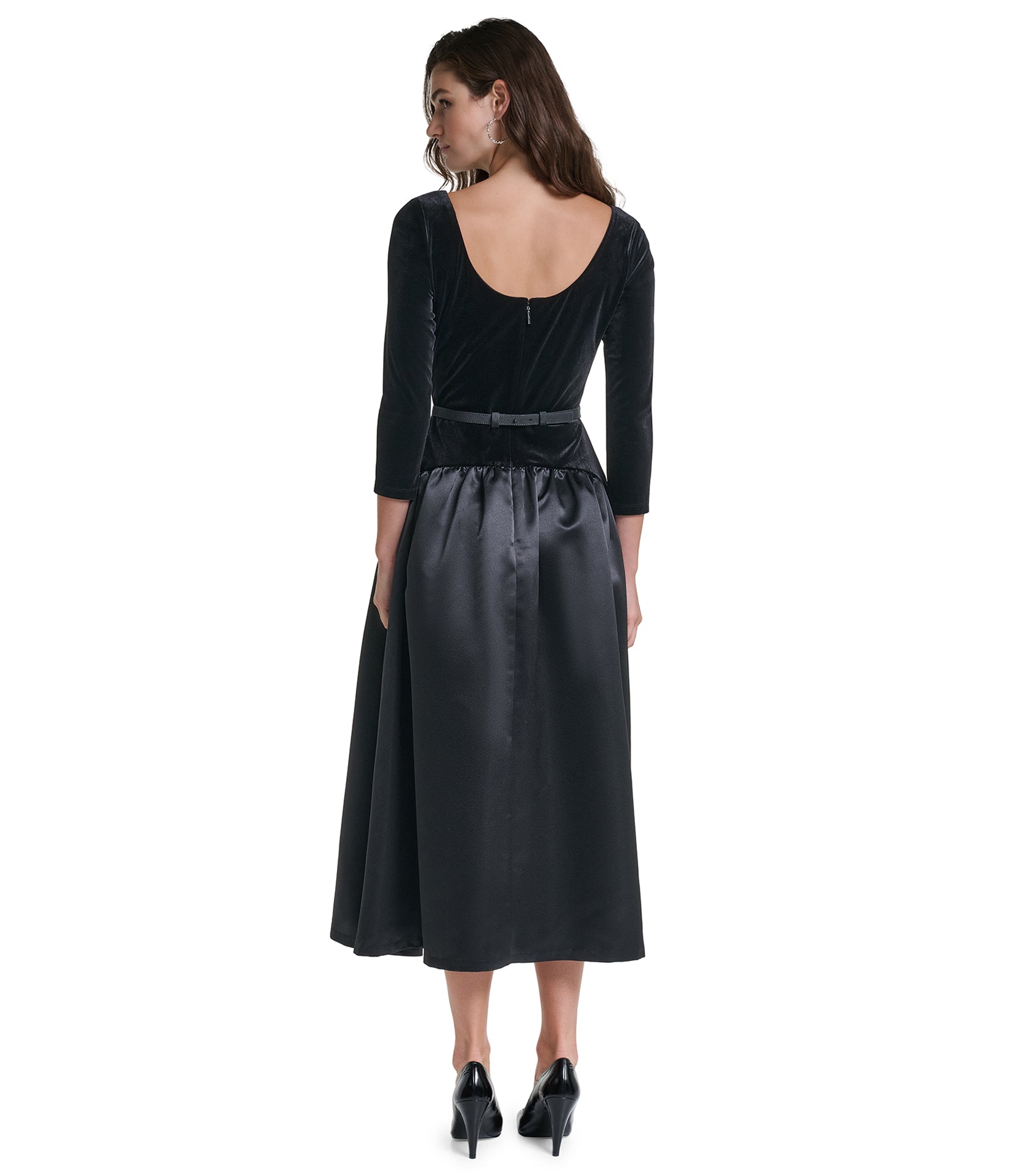 DROPWAIST SATIN STRETCH VELVET MIDI DRESS VIEW 2