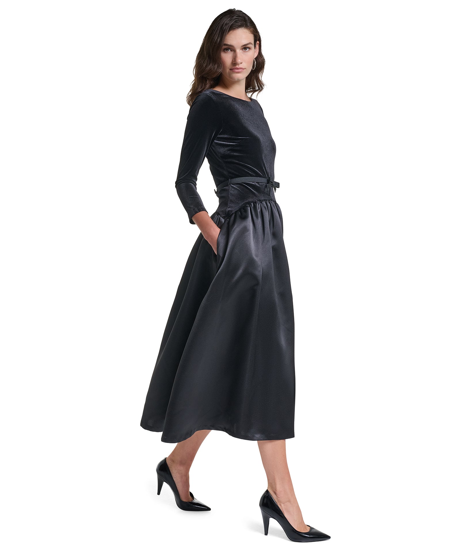 DROPWAIST SATIN STRETCH VELVET MIDI DRESS VIEW 3