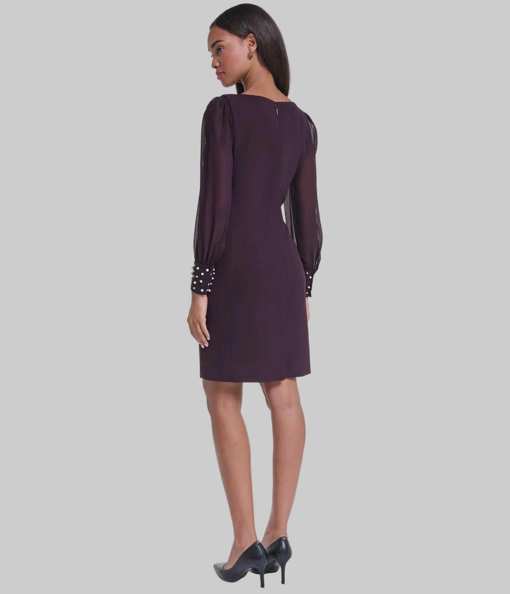 LONG SHEER SLEEVE SHEATH WITH PEARL CUFF VIEW 3