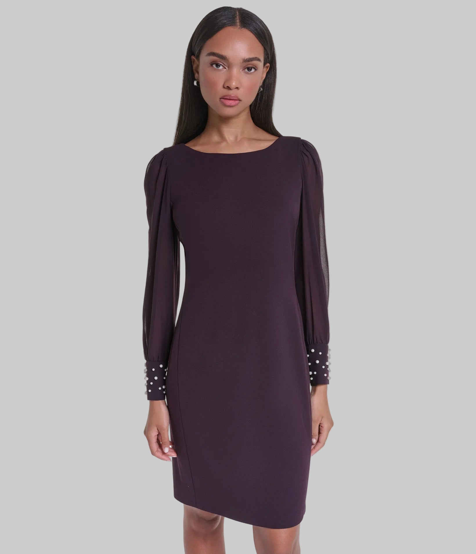 LONG SHEER SLEEVE SHEATH WITH PEARL CUFF VIEW 2