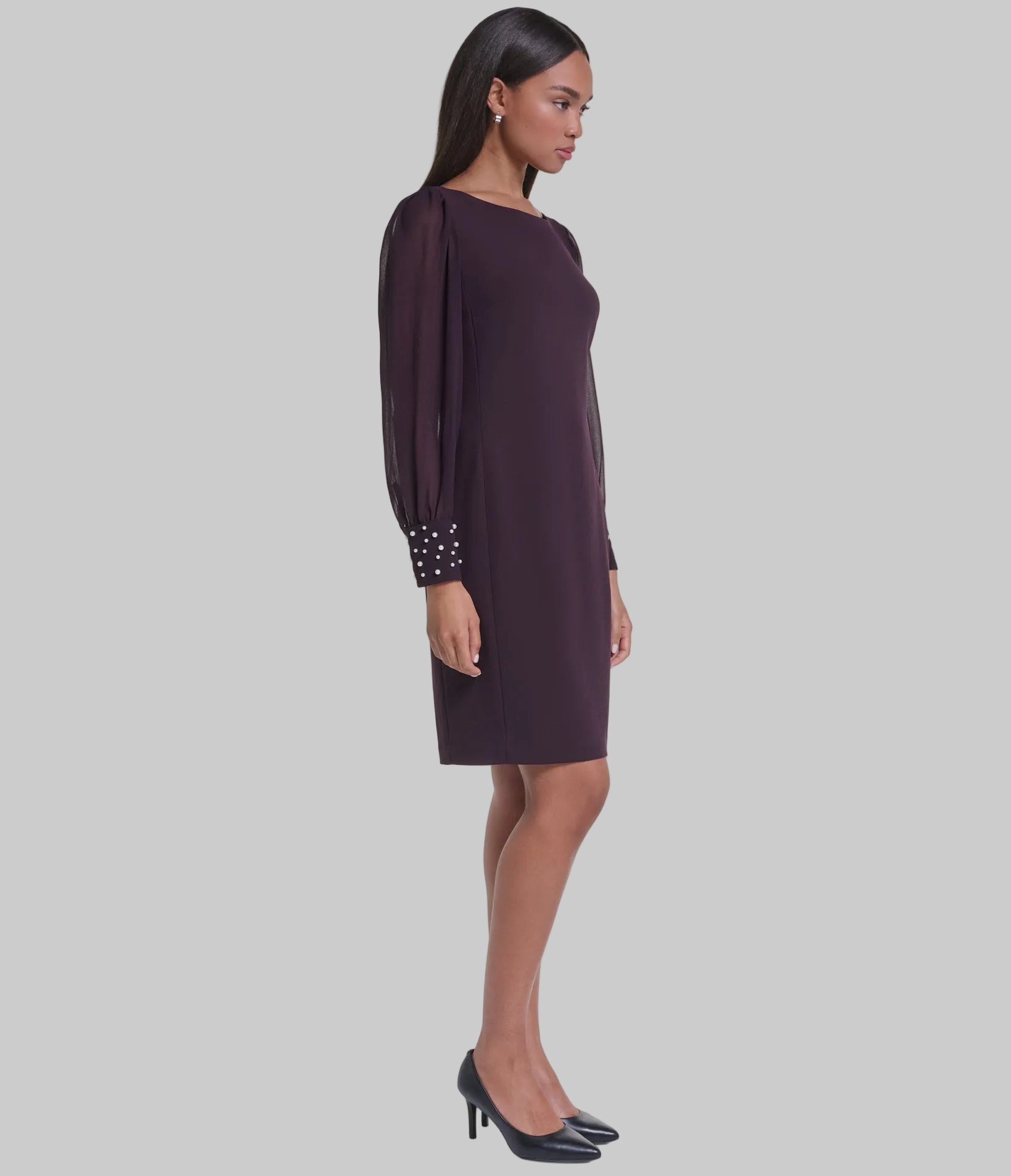 LONG SHEER SLEEVE SHEATH WITH PEARL CUFF VIEW 4