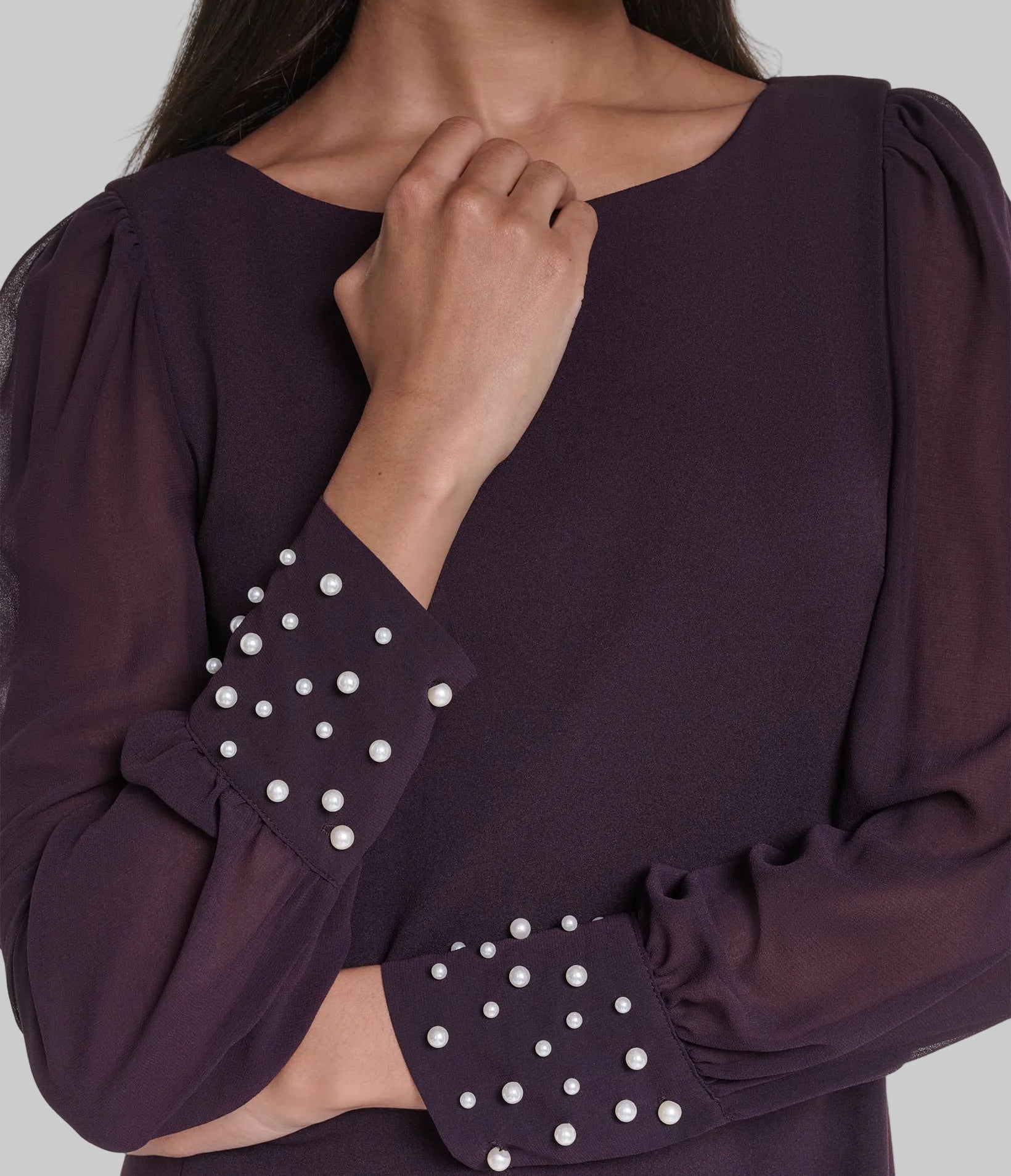 LONG SHEER SLEEVE SHEATH WITH PEARL CUFF VIEW 6