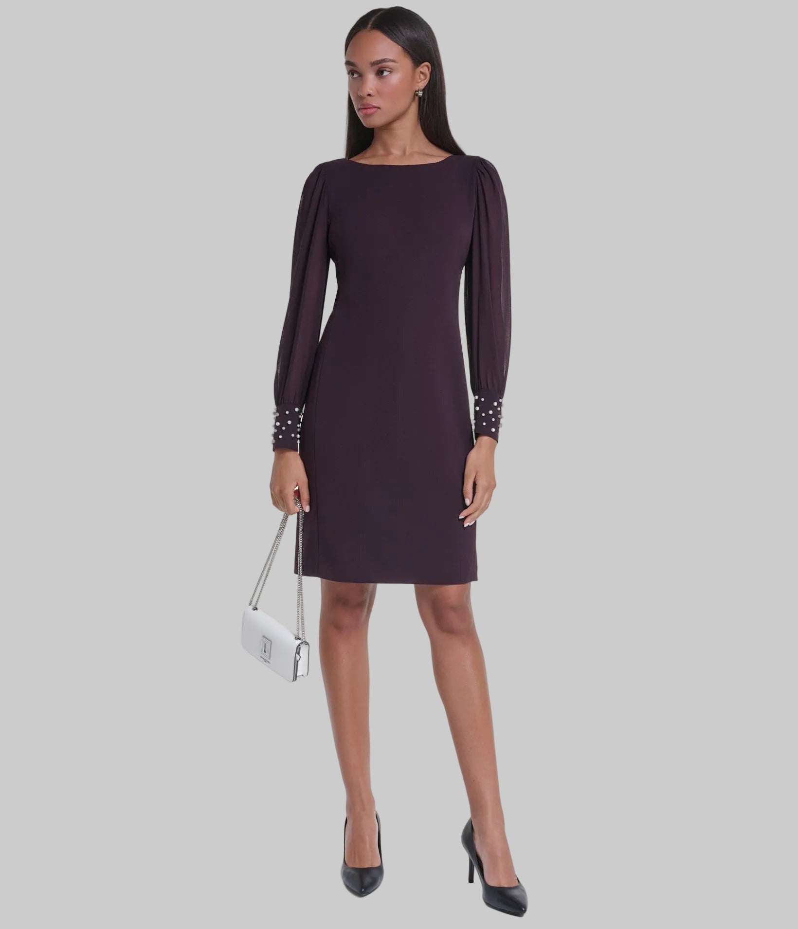 LONG SHEER SLEEVE SHEATH WITH PEARL CUFF VIEW 1