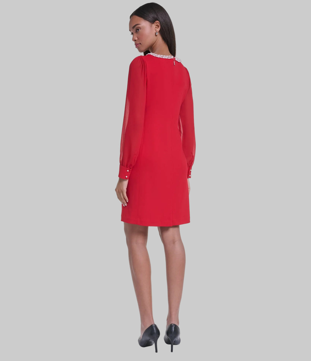 SHEER SLEEVE PEARL BOATNECK SHEATH VIEW 3