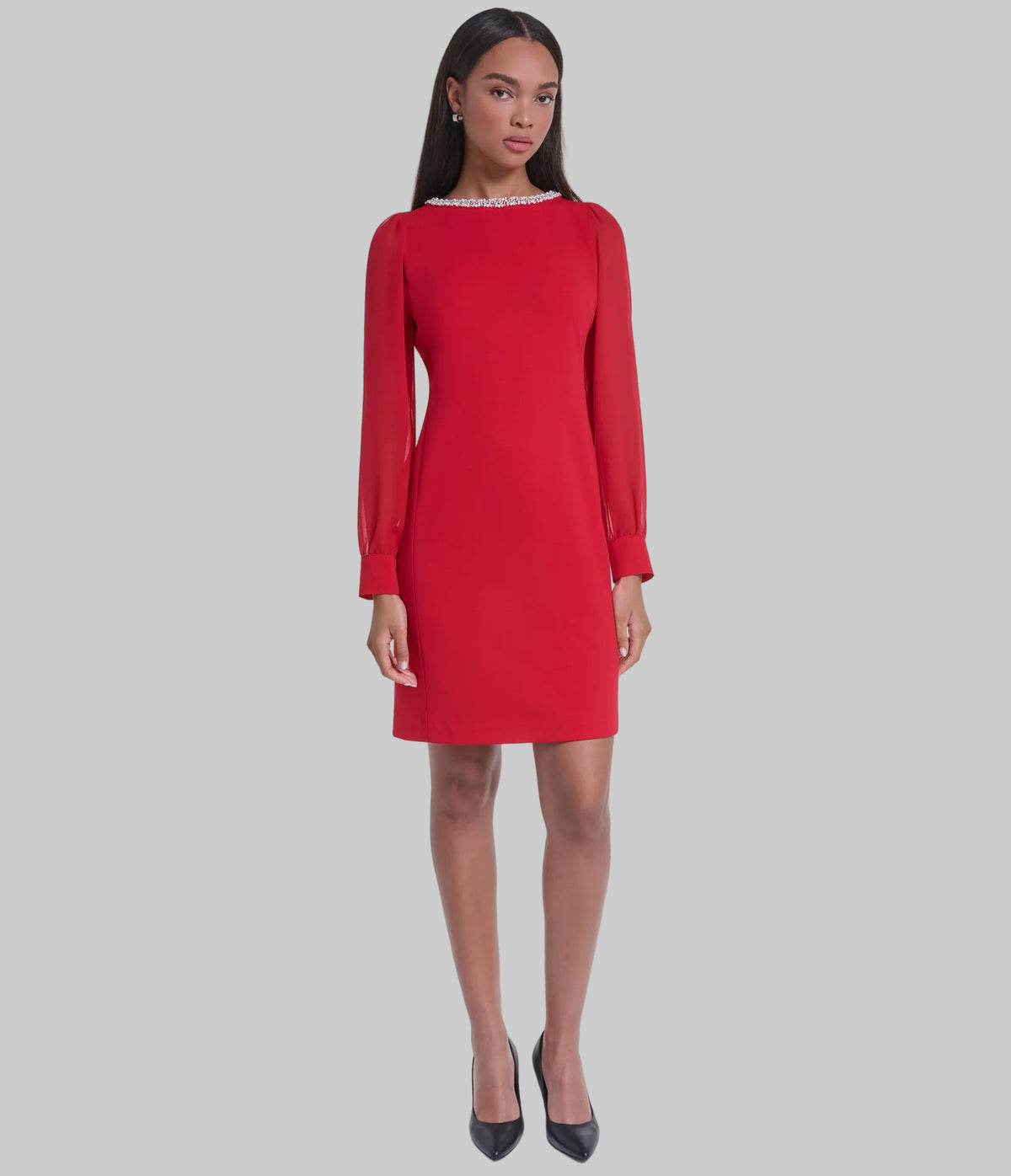 SHEER SLEEVE PEARL BOATNECK SHEATH VIEW 5