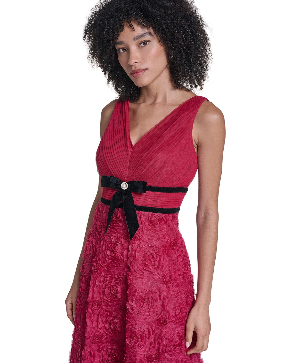 V-NECK TEXTURED ROSETTE BALLGOWN WITH VELVET TRIM VIEW 4