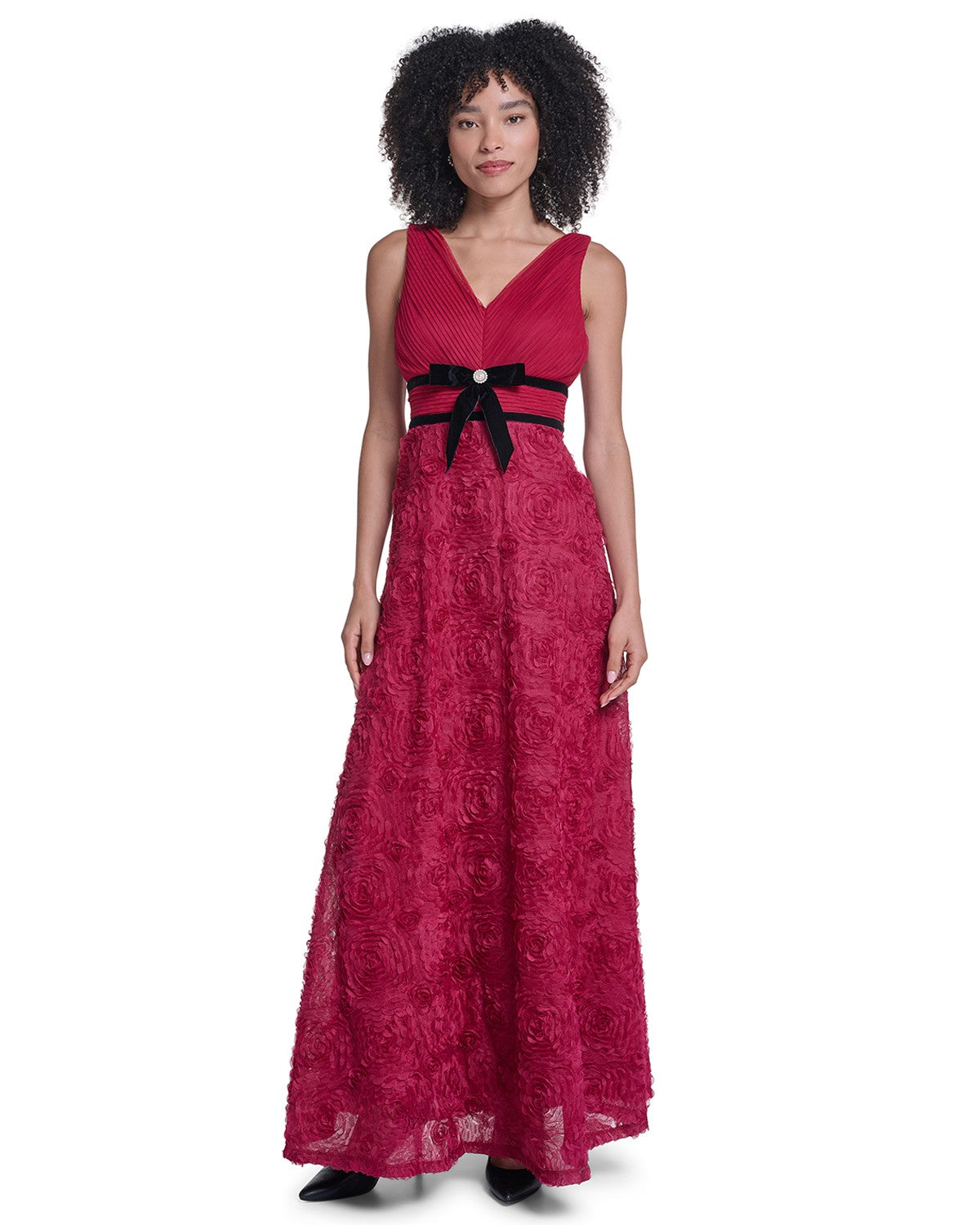 V-NECK TEXTURED ROSETTE BALLGOWN WITH VELVET TRIM View 1 | Products