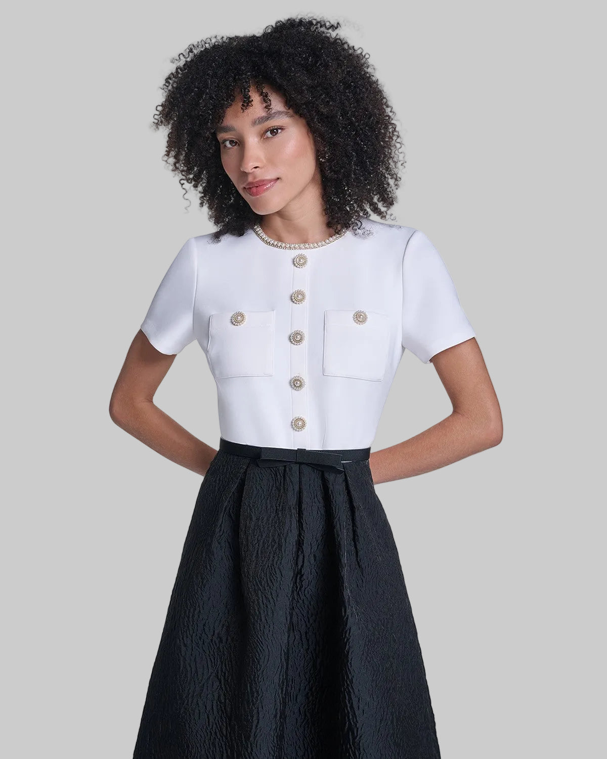SHORT SLEEVE CREPE GOWN WITH CLOQUE SKIRT View 1 | Online Exclusive