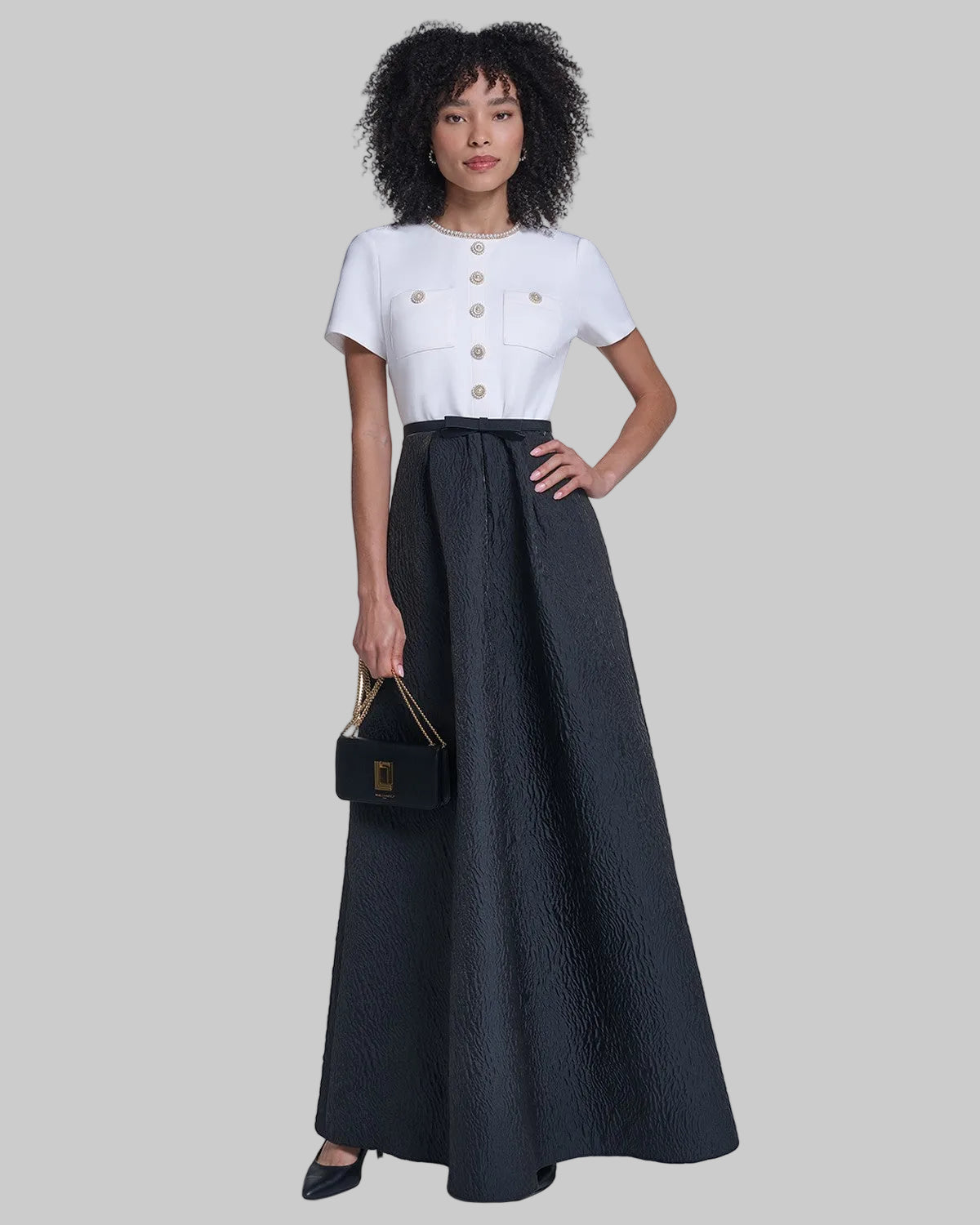 SHORT SLEEVE CREPE GOWN WITH CLOQUE SKIRT VIEW 4 | Online Exclusive