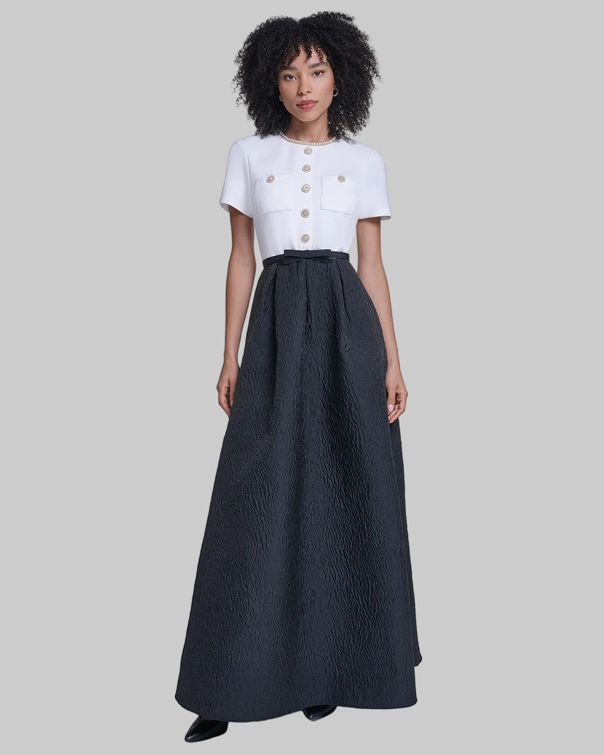 SHORT SLEEVE CREPE GOWN WITH CLOQUE SKIRT VIEW 5 | Online Exclusive