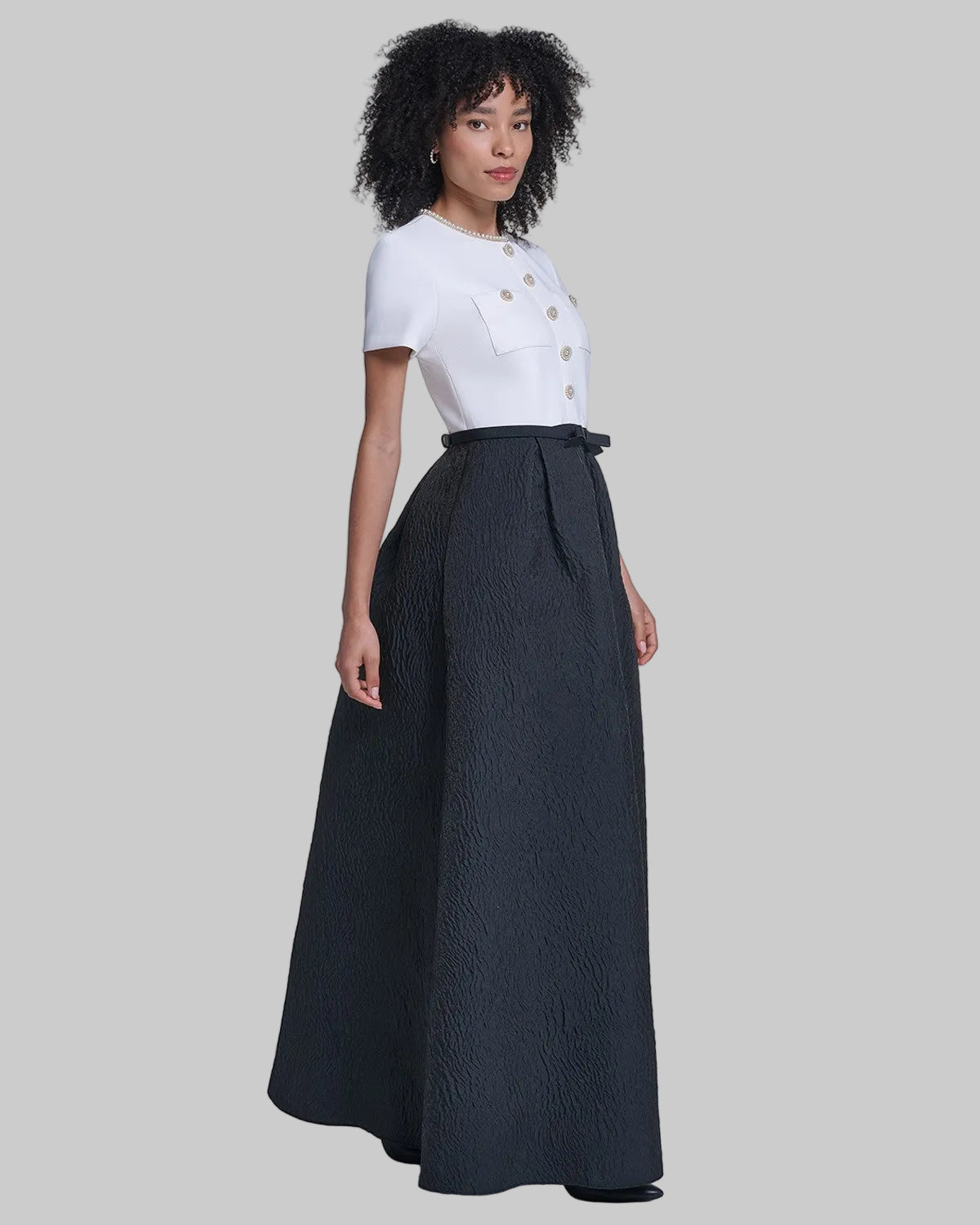SHORT SLEEVE CREPE GOWN WITH CLOQUE SKIRT VIEW 3 | Online Exclusive
