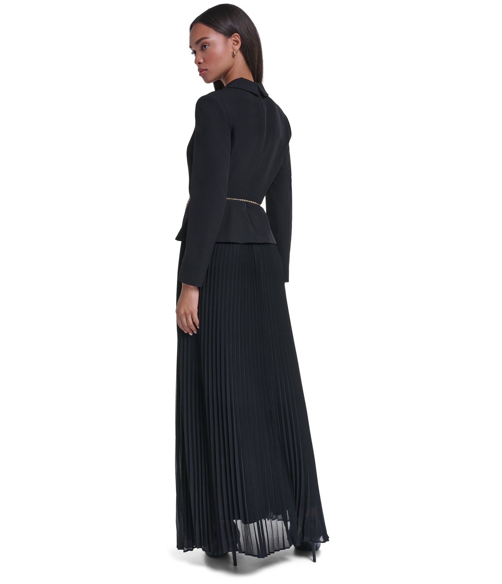 CREPE JACKET GOWN WITH SUNBURST PLEATED CHIFFON SKIRT VIEW 3
