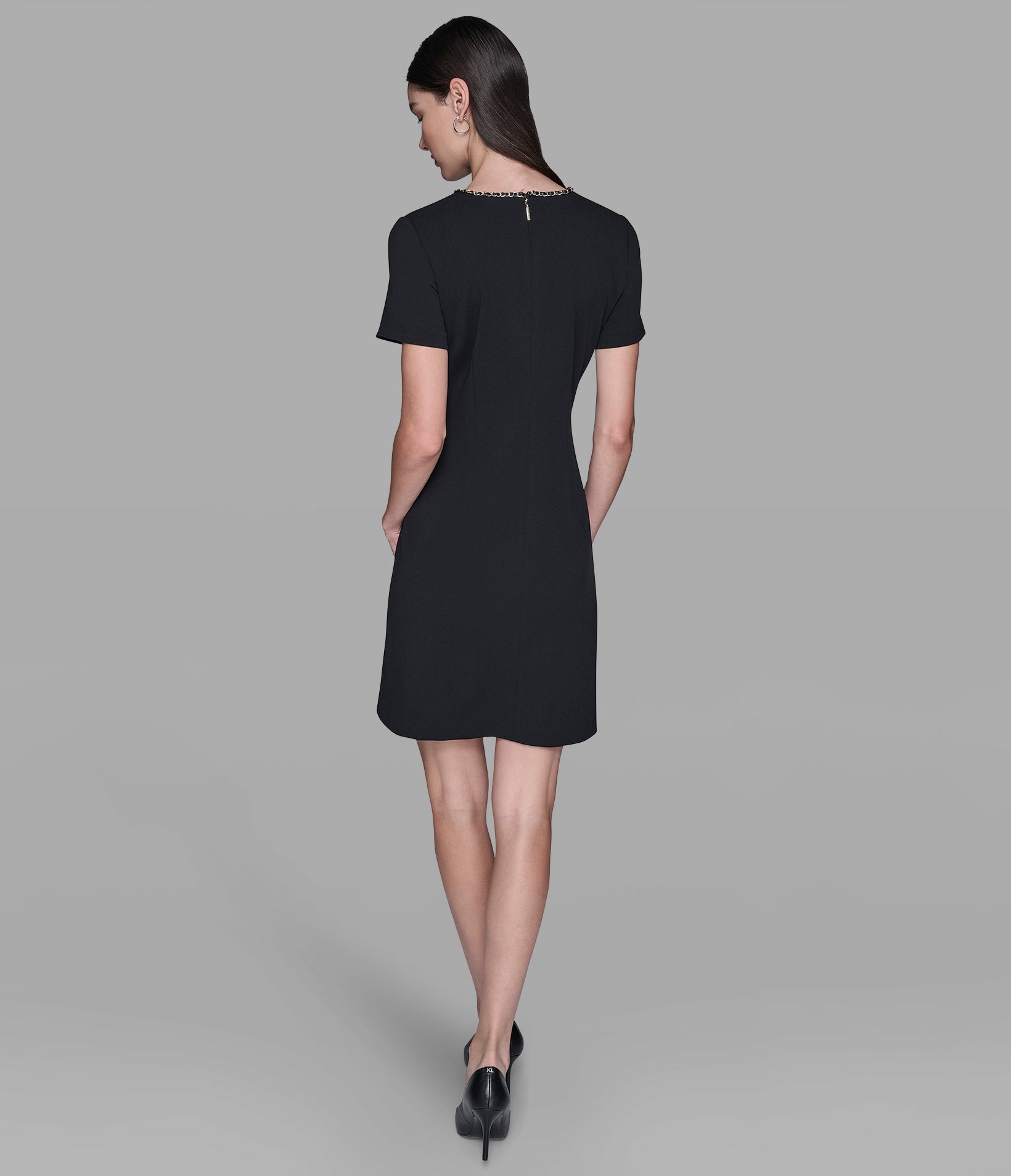 SCUBA CREPE SHIFT DRESS WITH CHAIN TRIMS View 2 | Women's Dresses & Jumpsuits