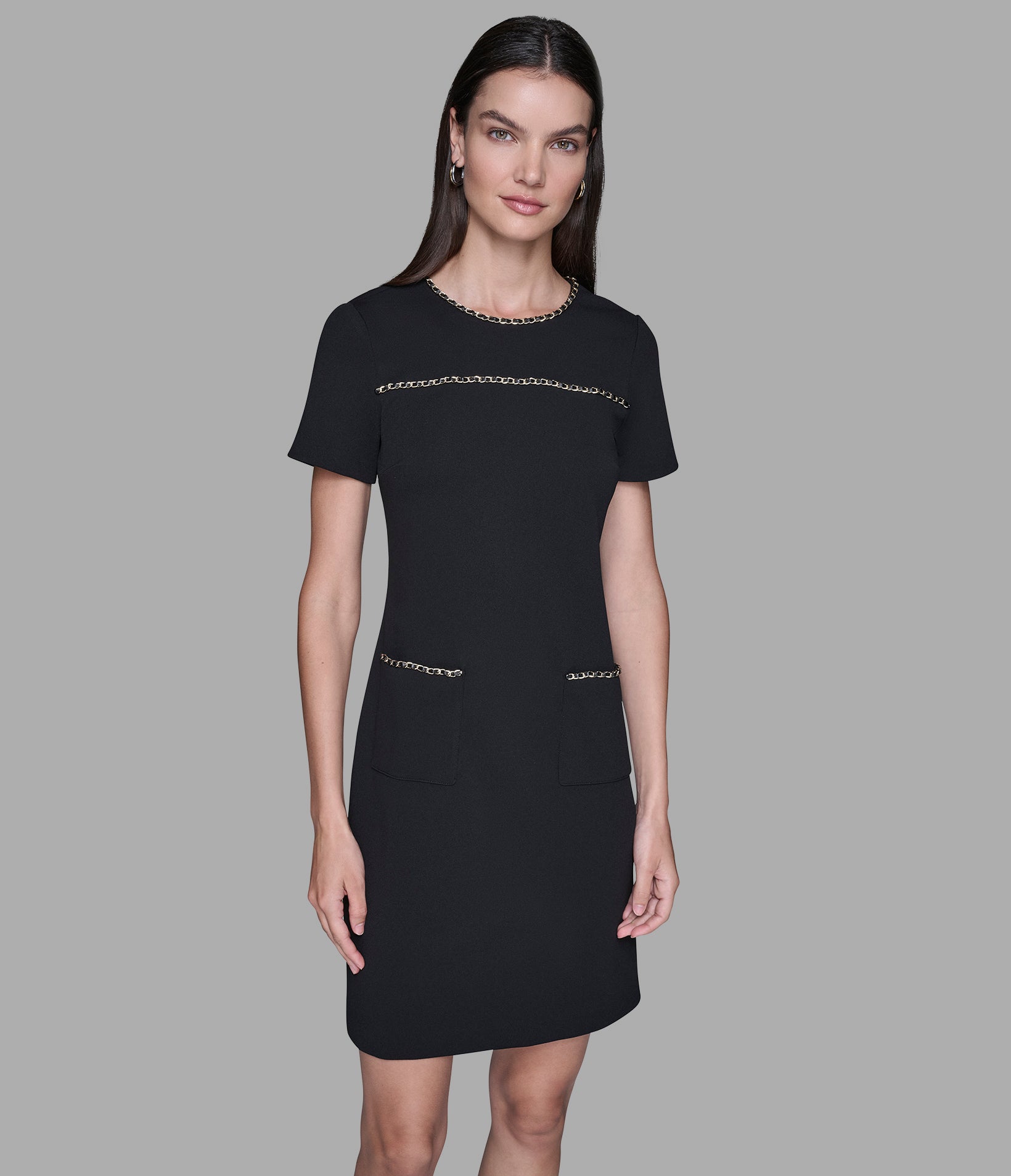SCUBA CREPE SHIFT DRESS WITH CHAIN TRIMS VIEW 4 | Women's Clothing