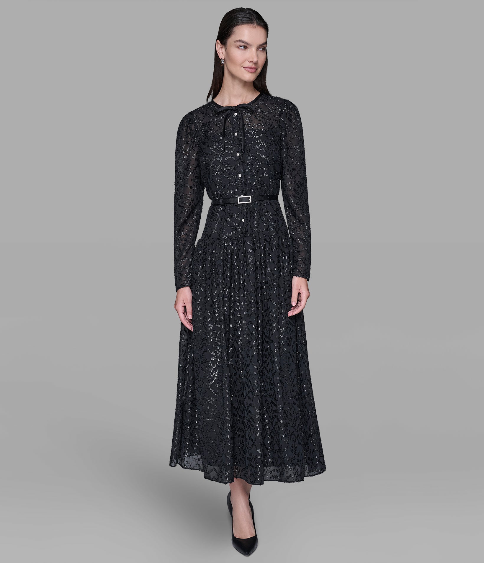 LUREX CHIFFON MIDI DRESS WITH RHINESTONE BELT View 1 | Women's Clothing Sale