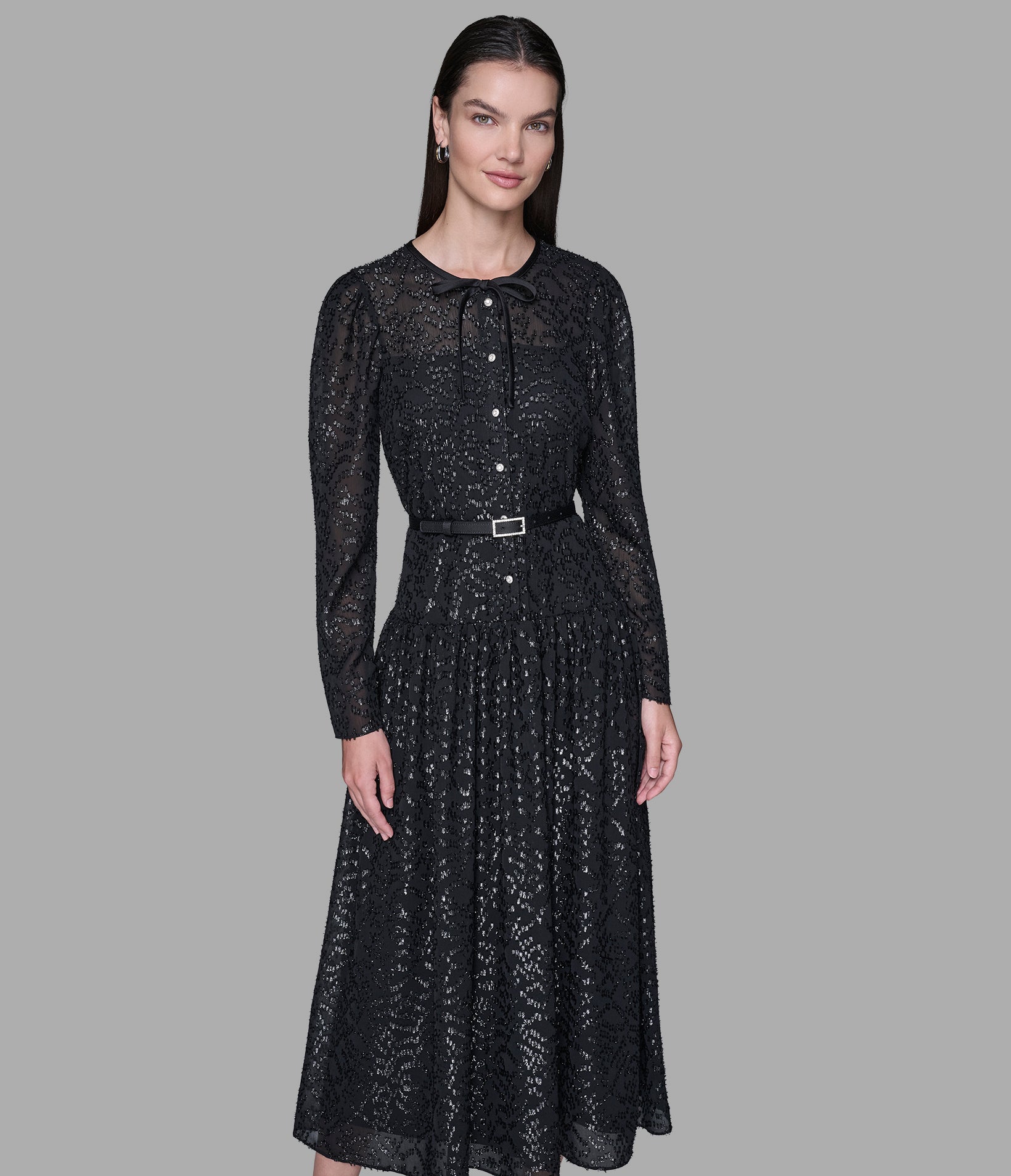 LUREX CHIFFON MIDI DRESS WITH RHINESTONE BELT VIEW 4 | Women's Clothing