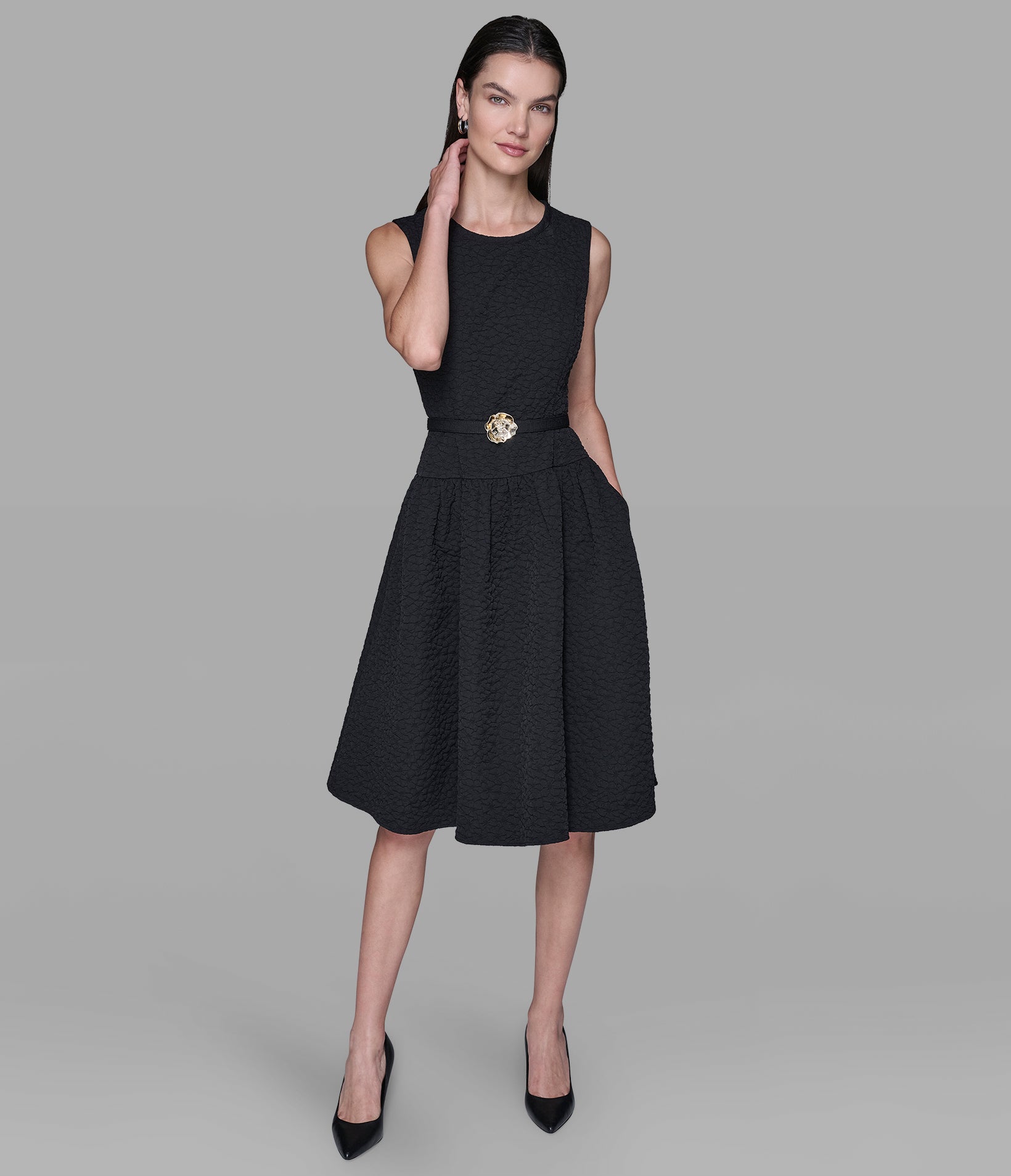 FLORAL JACQUARD A-LINE DRESS WITH FLOWER BELT VIEW 4 | Women's Sale