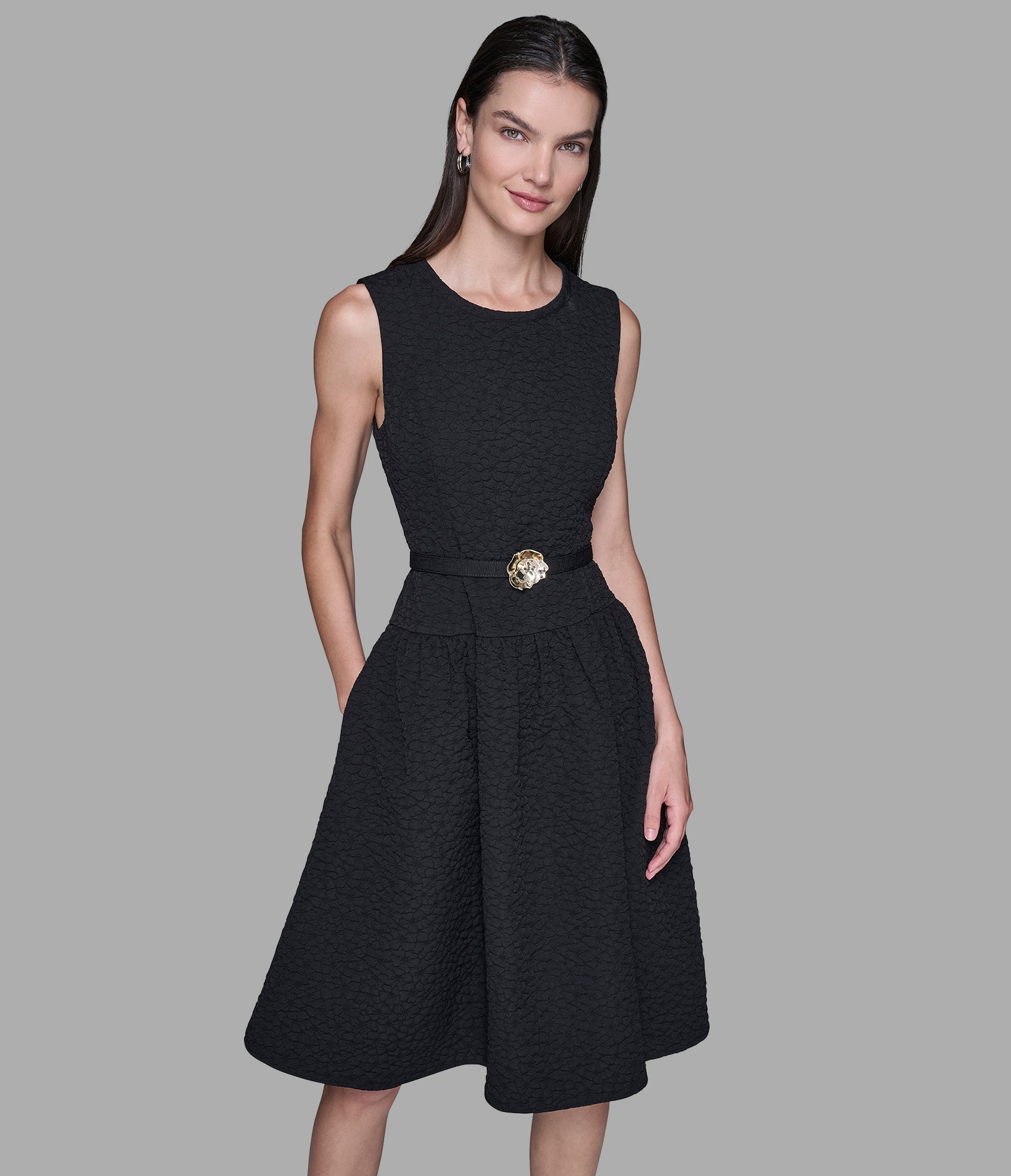 FLORAL JACQUARD A-LINE DRESS WITH FLOWER BELT View 1 | Women's Dresses & Jumpsuits