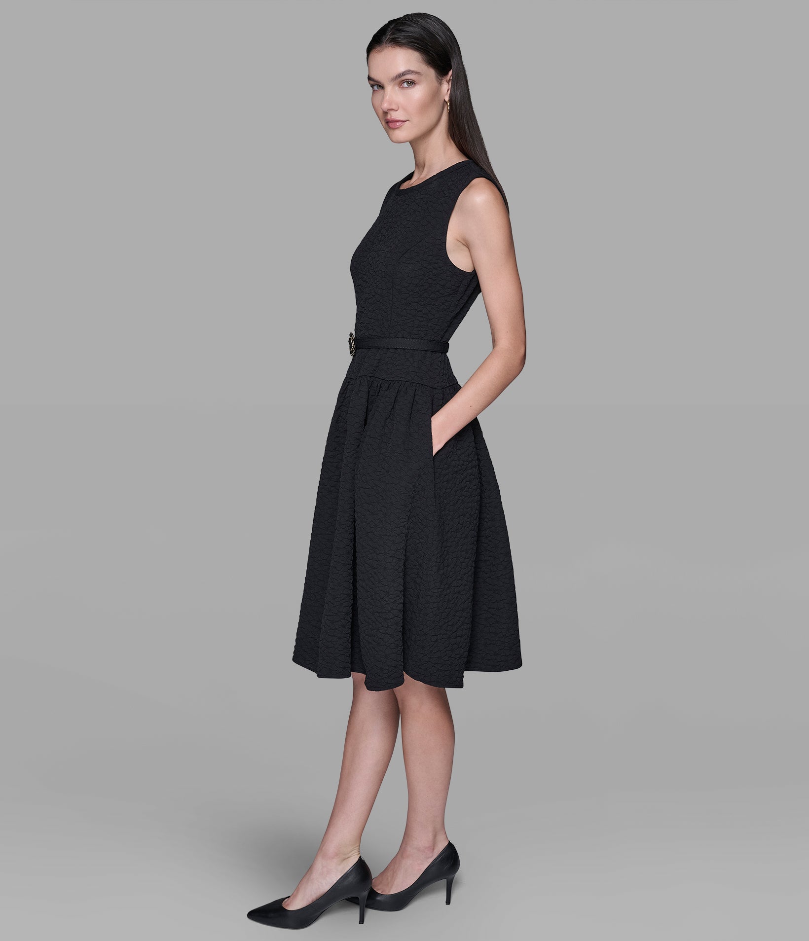 FLORAL JACQUARD A-LINE DRESS WITH FLOWER BELT VIEW 3 | Women's Sale