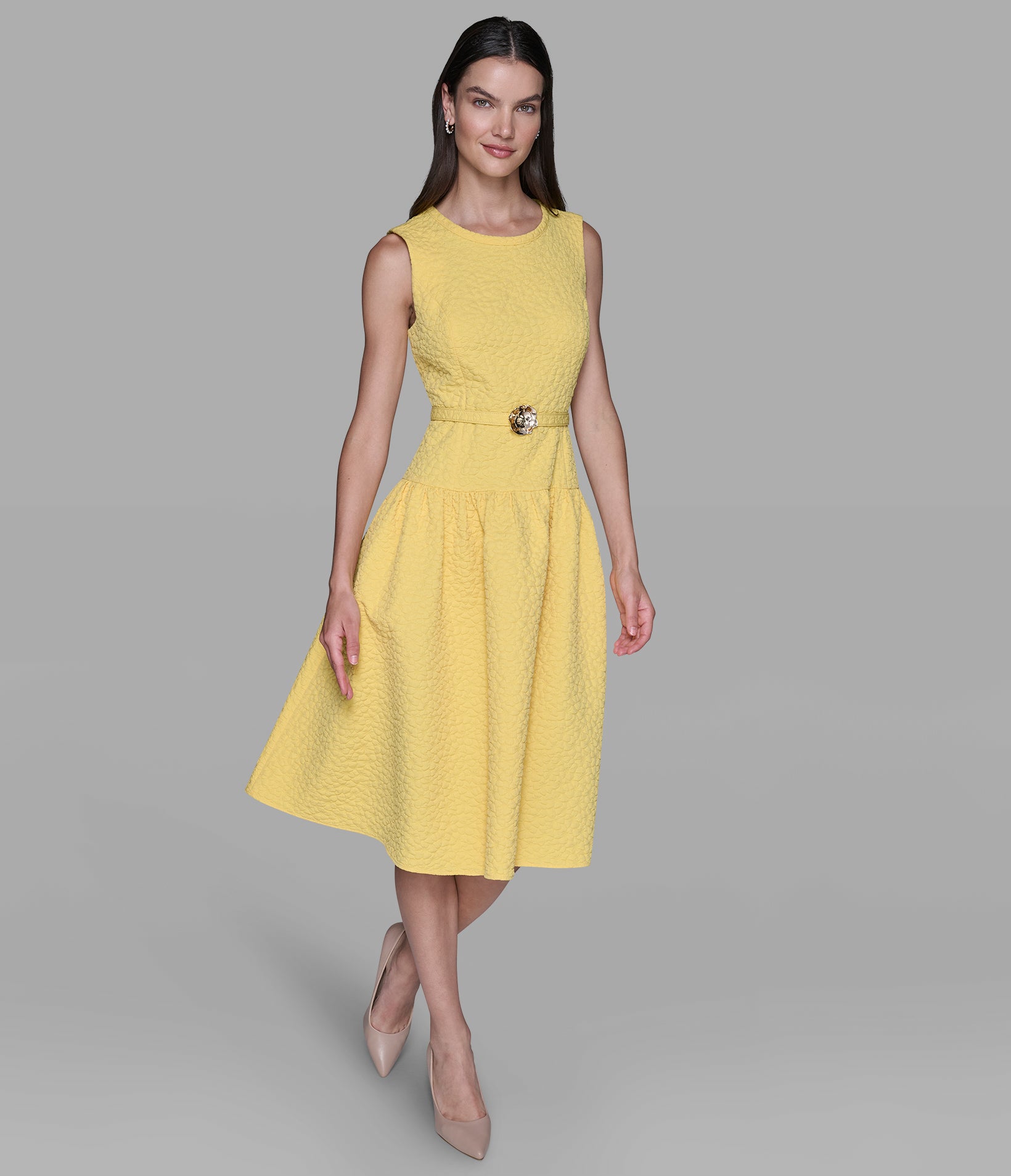 FLORAL JACQUARD A-LINE DRESS WITH FLOWER BELT VIEW 4 | Women's Clothing