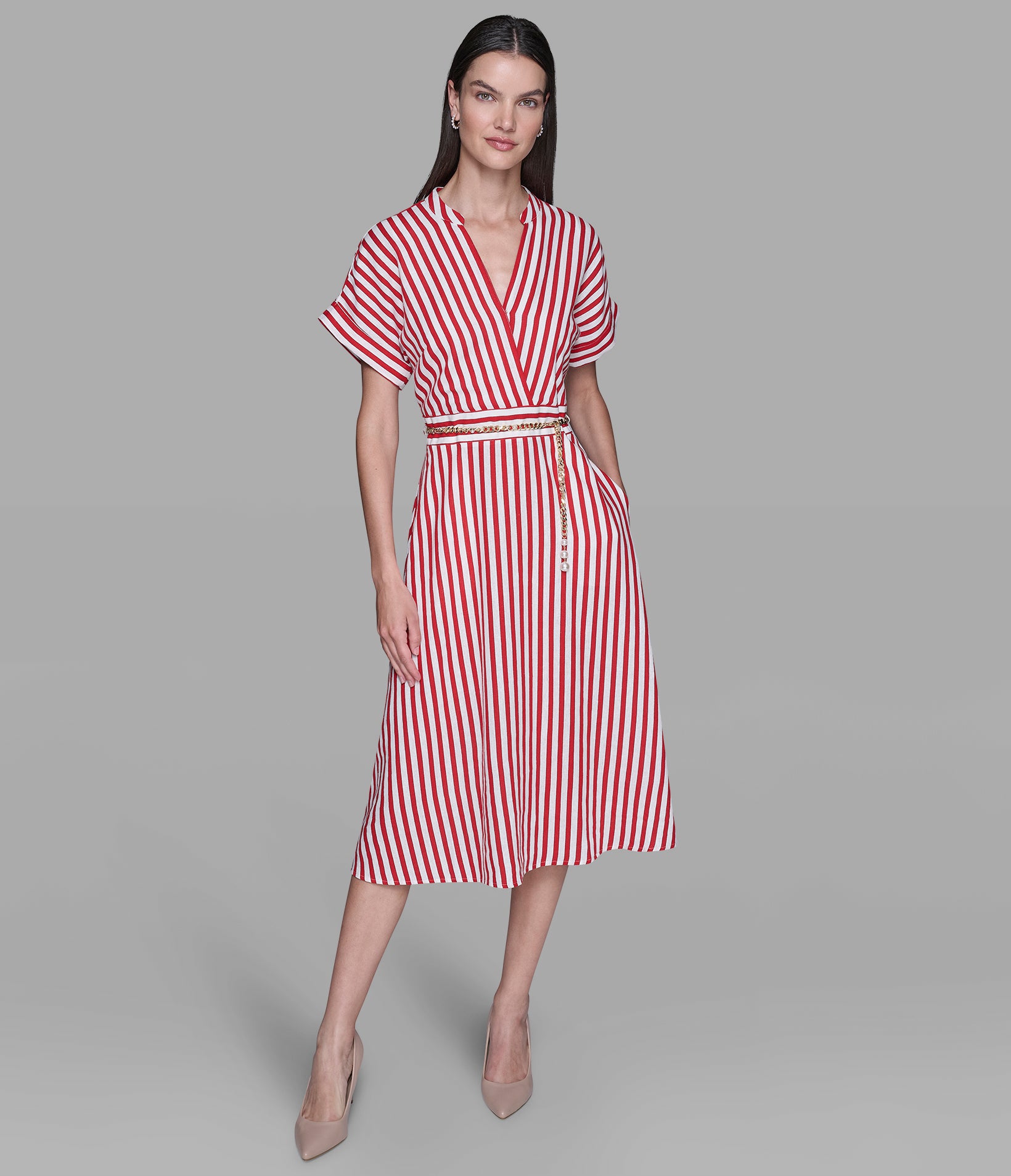 STRIPED LINEN MIDI DRESS WITH CHAIN BELT VIEW 4 | Women's Dresses & Jumpsuits