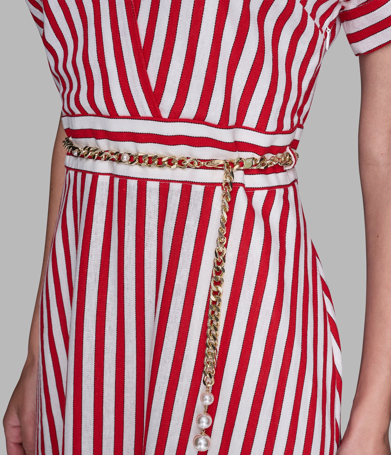 STRIPED LINEN MIDI DRESS WITH CHAIN BELT VIEW 3 | Women's Dresses & Jumpsuits