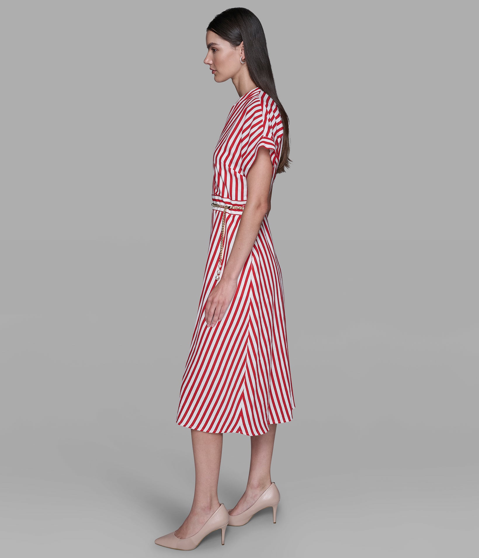 STRIPED LINEN MIDI DRESS WITH CHAIN BELT VIEW 5 | Women's Dresses & Jumpsuits