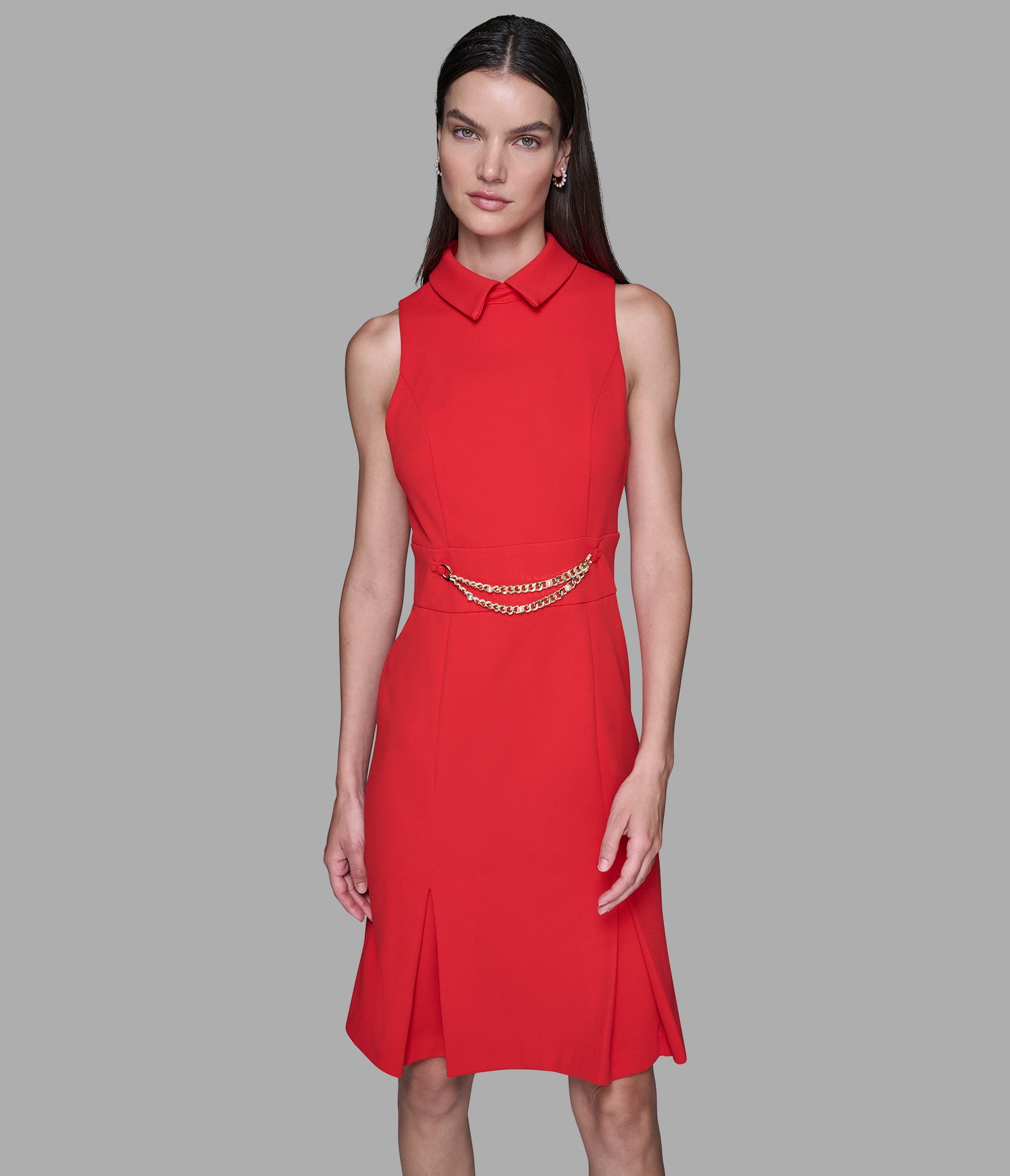 SCUBA CREPE SHEATH DRESS WITH CHAIN TRIM WAISTBAND View 1 | Women's Dresses & Jumpsuits