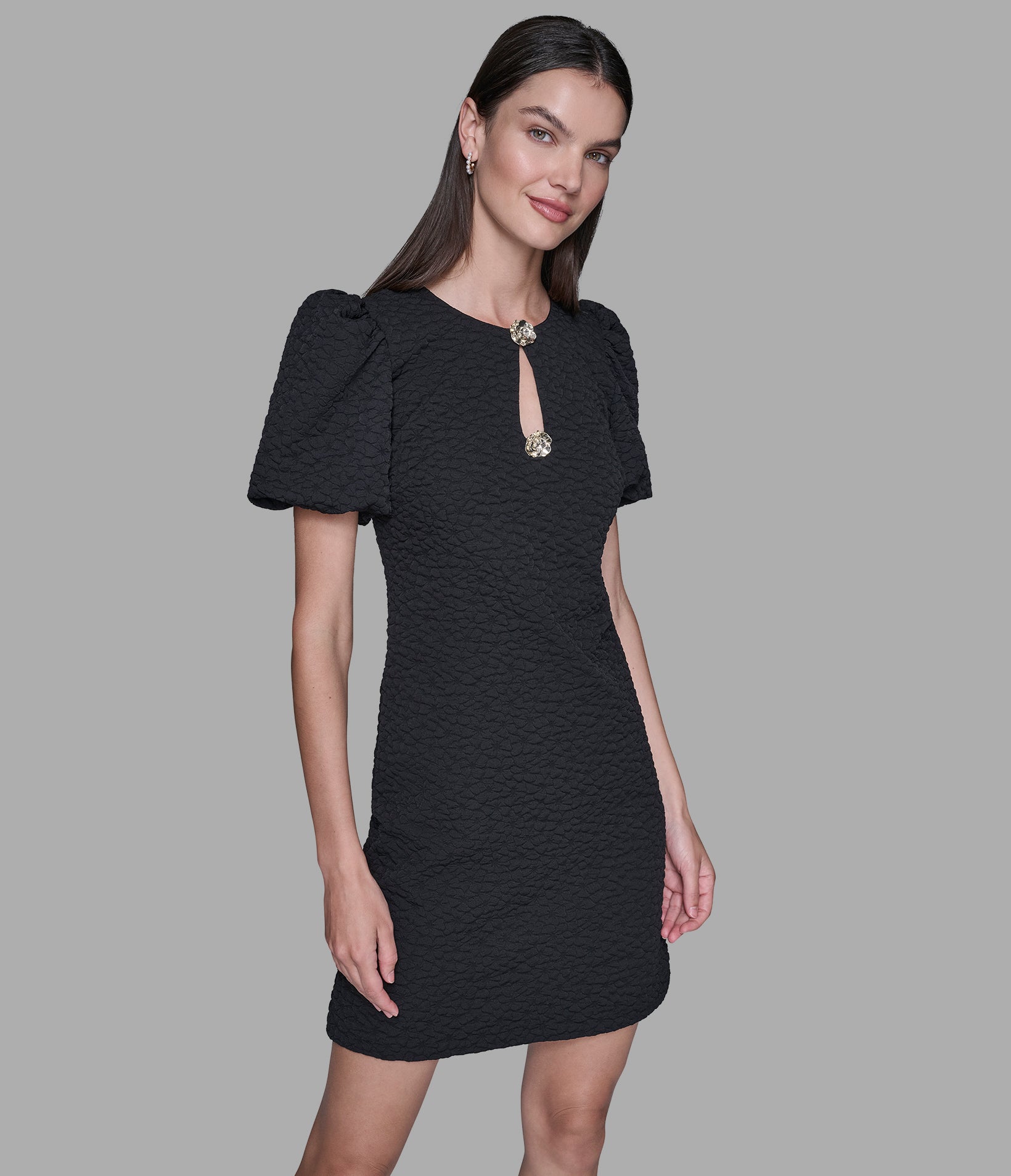 FLORAL JACQUARD DRESS WITH PUFF SLEEVES View 1 | Women's Dresses & Jumpsuits