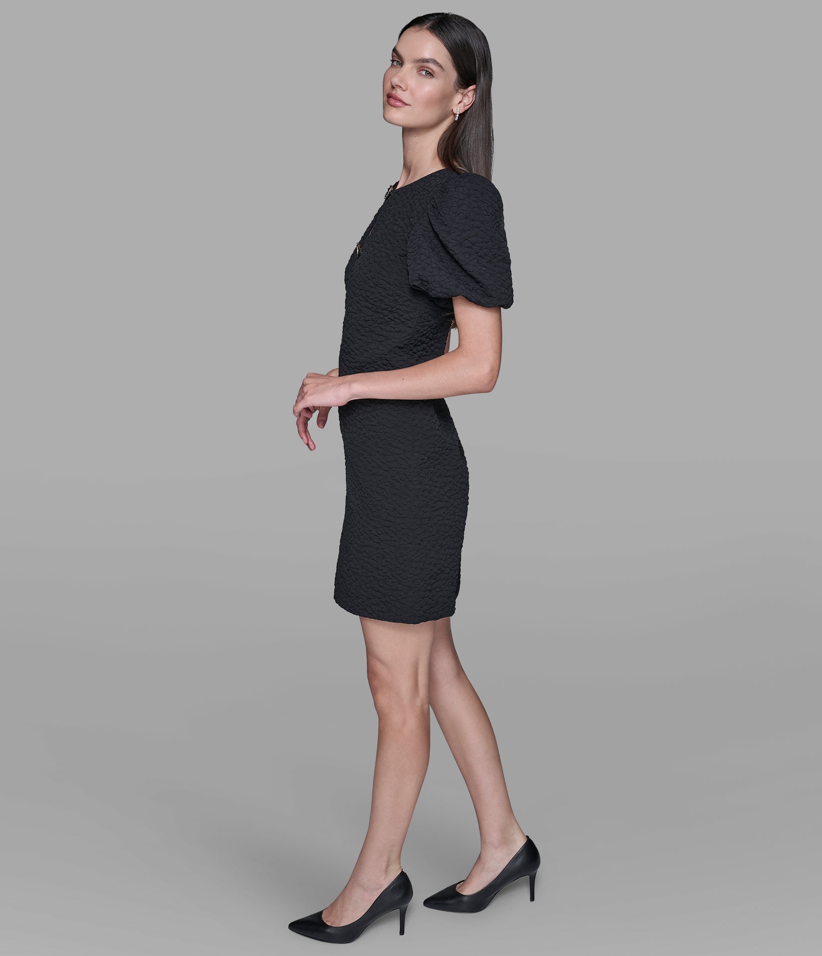 FLORAL JACQUARD DRESS WITH PUFF SLEEVES VIEW 3 | Women's Dresses & Jumpsuits