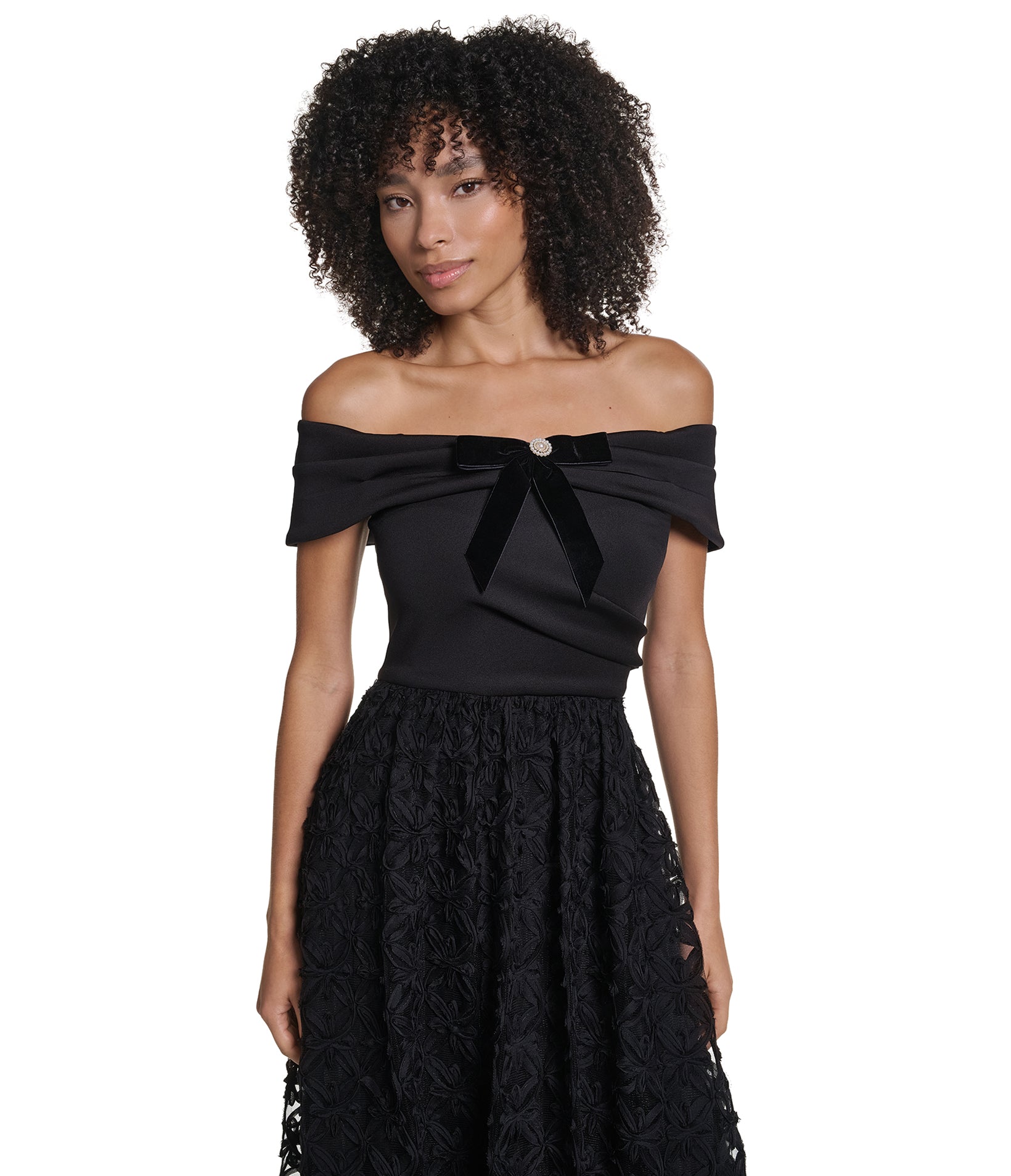 OFF THE SHOULDER BALLGOWN WITH CREPE BODICE AND RIBBON VIEW 2