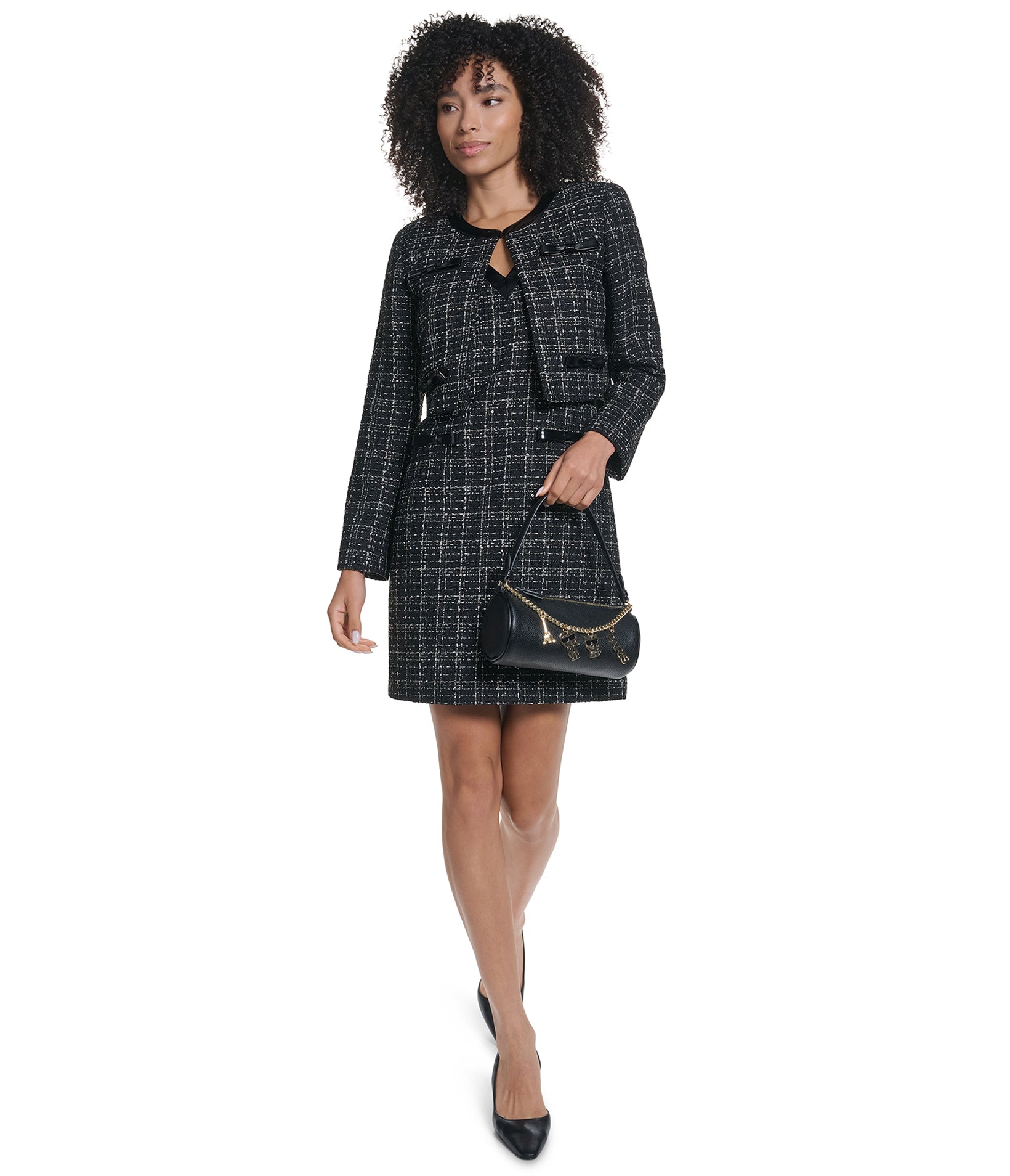 TWEED CROPPED BLAZER WITH FAUX LEATHER ACCENTS VIEW 4