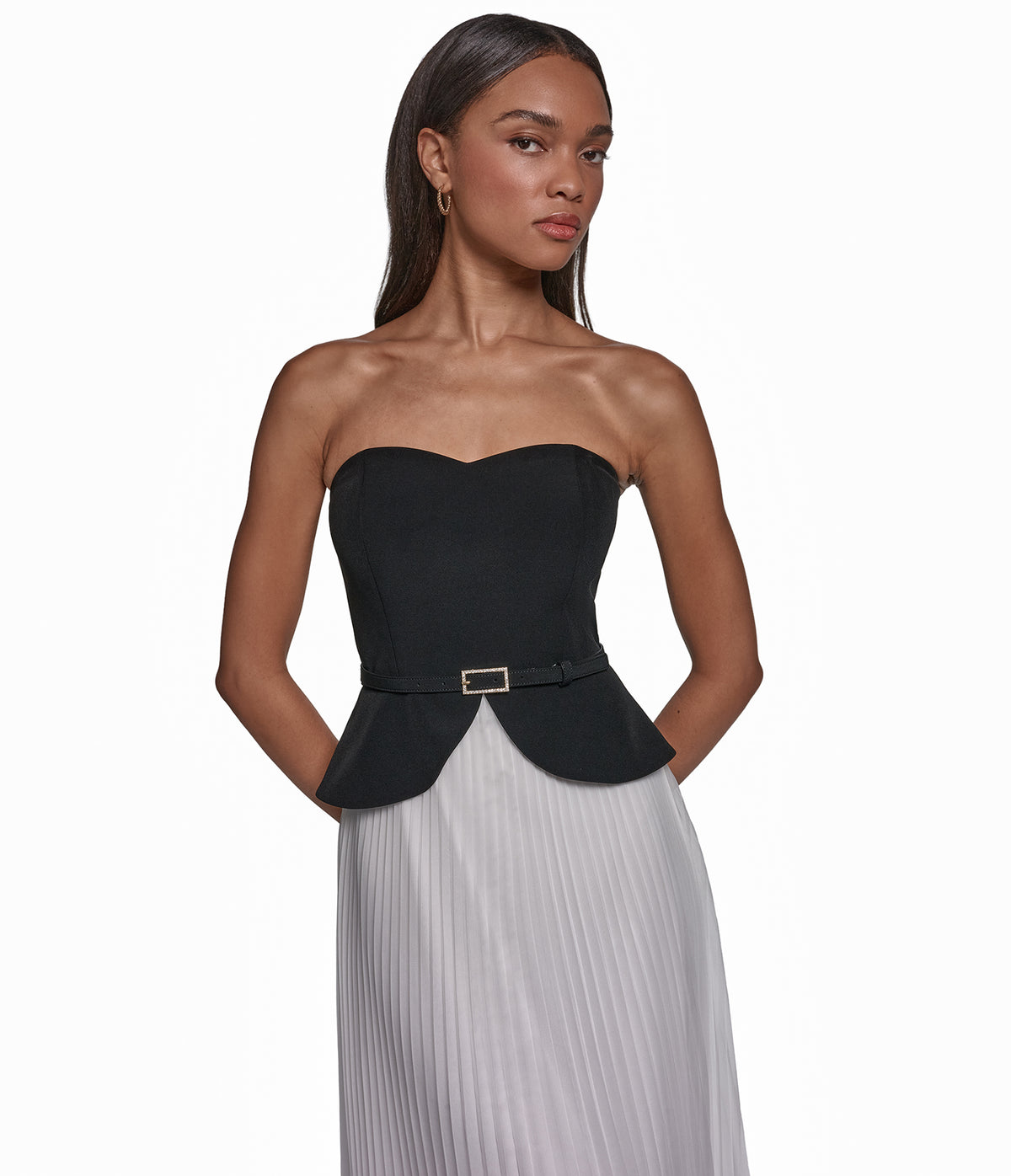 BELTED CREPE BODICE CHIFFON PLEATED GOWN VIEW 2
