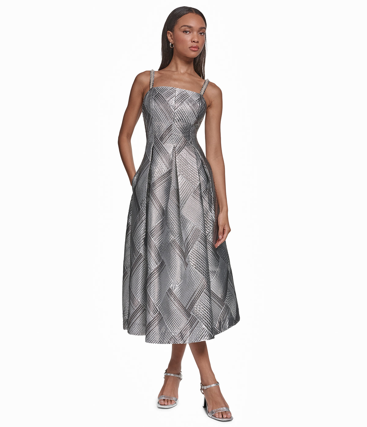PEARL TRIM SQUARE NECK COCKTAIL FIT AND FLARE VIEW 1