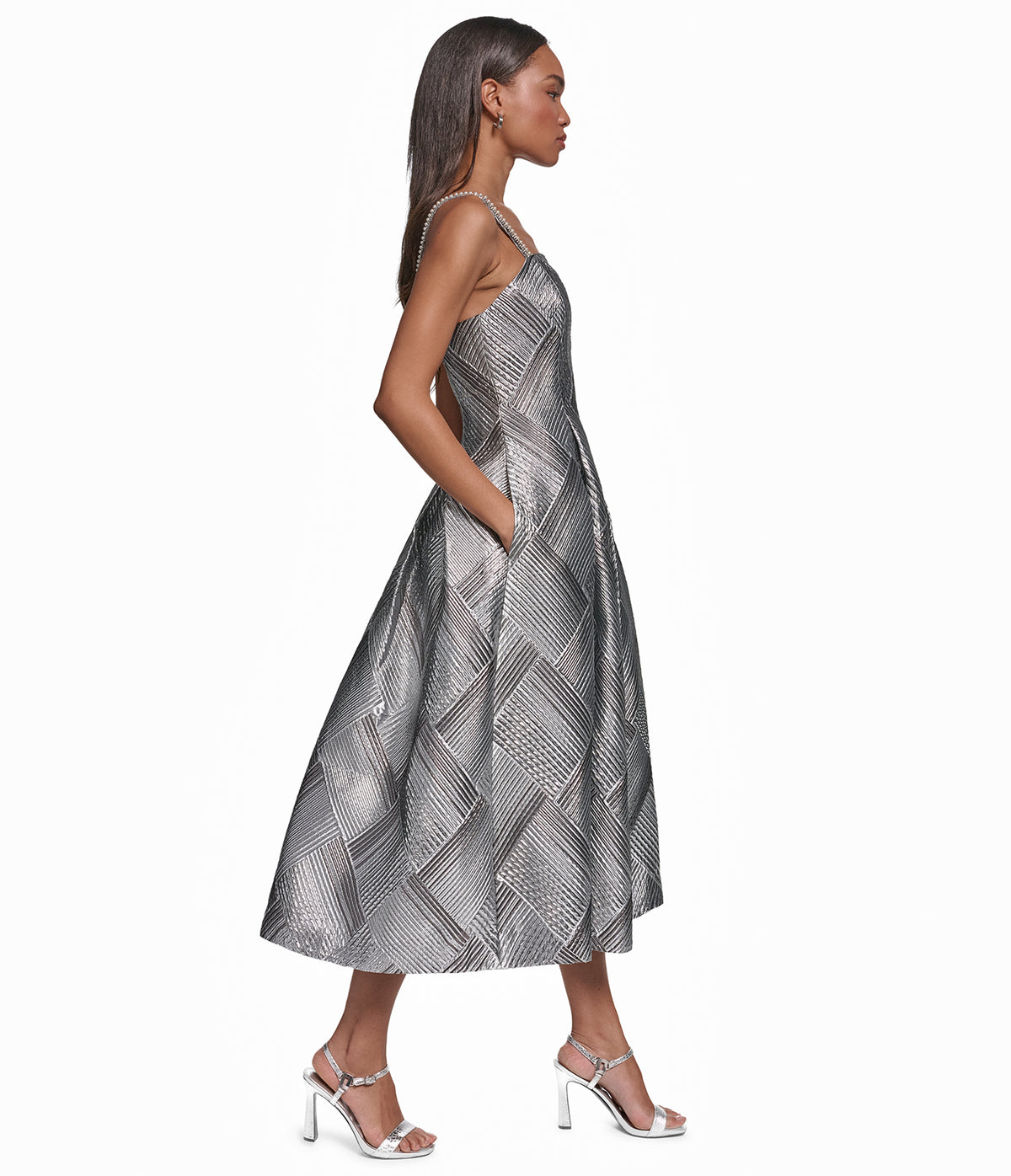 PEARL TRIM SQUARE NECK COCKTAIL FIT AND FLARE VIEW 3
