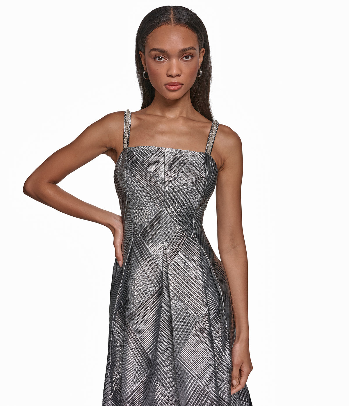 PEARL TRIM SQUARE NECK COCKTAIL FIT AND FLARE VIEW 4